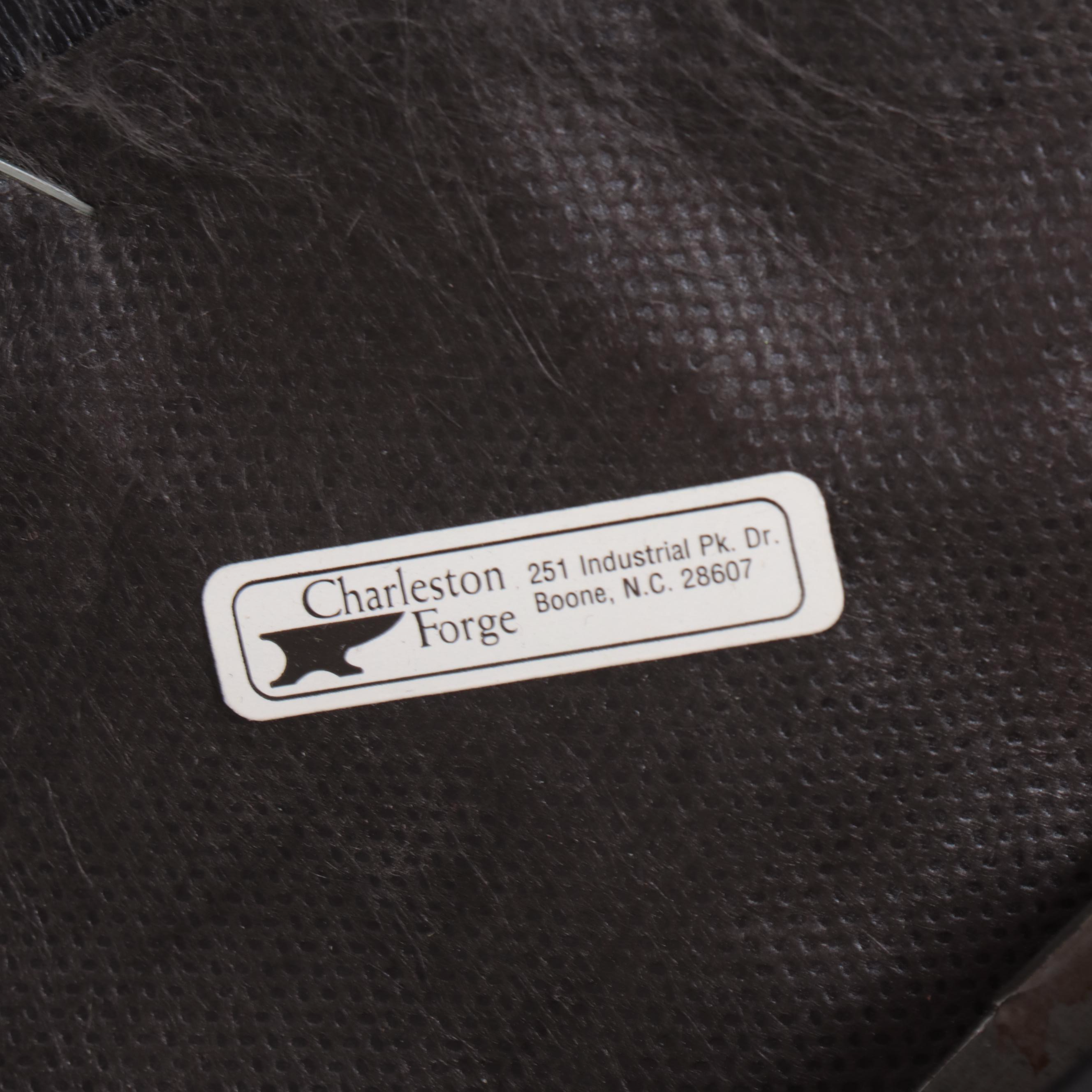 Four Charleston Forge Wrought Iron and Leather Counter-Height Swivel Stools