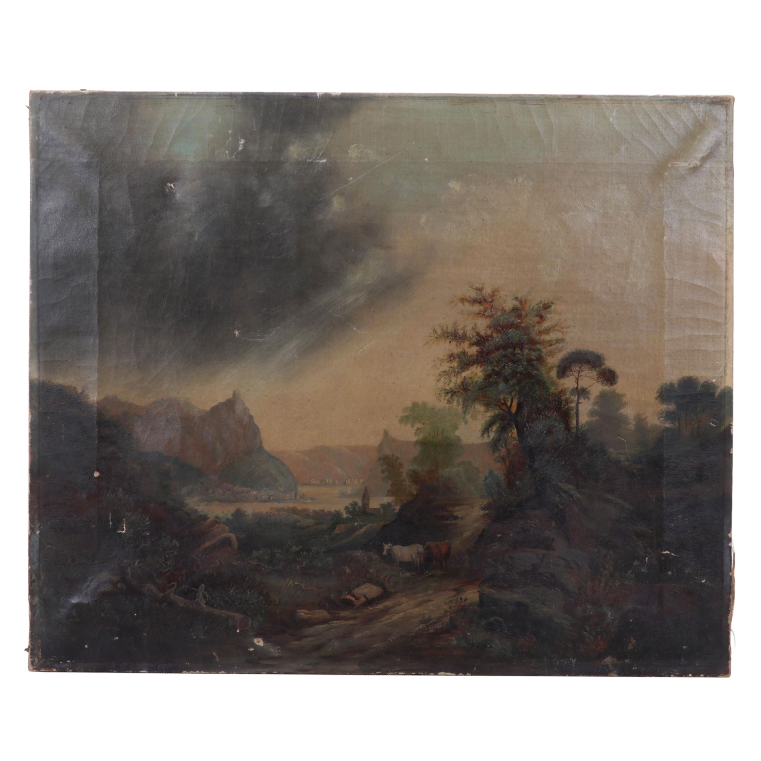 Tonalist Landscape Oil Painting of Cow Grazing by Rural Path, Late 19th Century