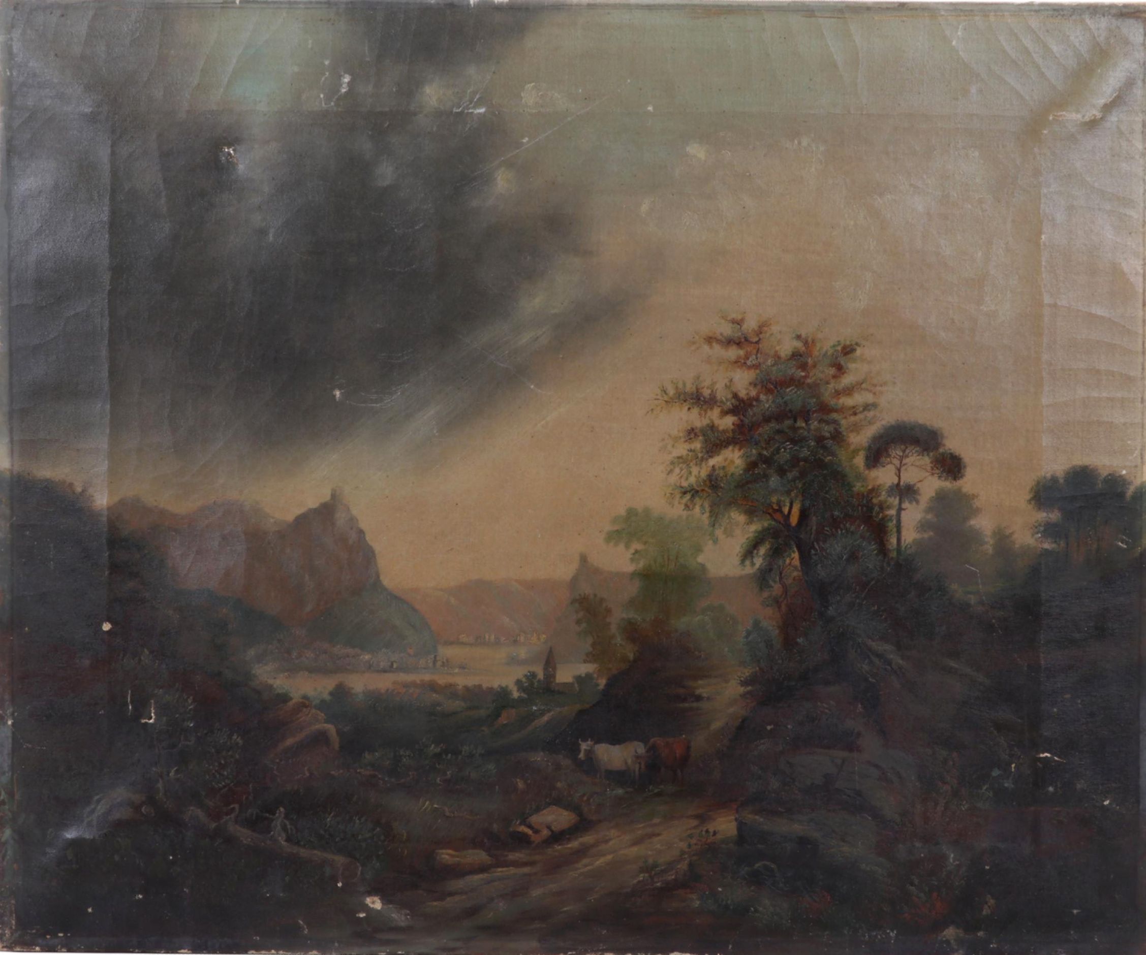 Tonalist Landscape Oil Painting of Cow Grazing by Rural Path, Late 19th Century