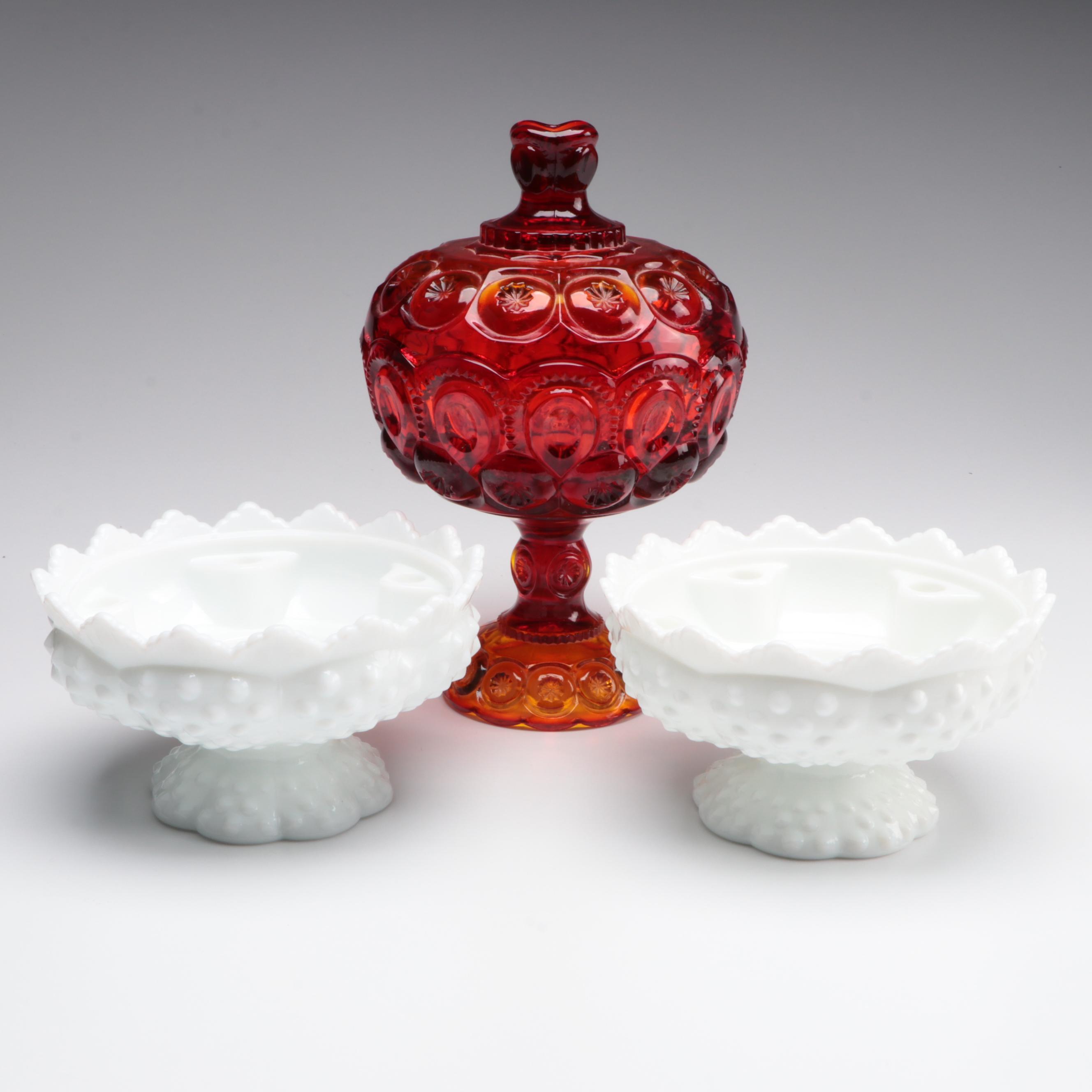 Fenton Milk Glass Centerpiece Candle Holders and Other Moon and Stars Compote