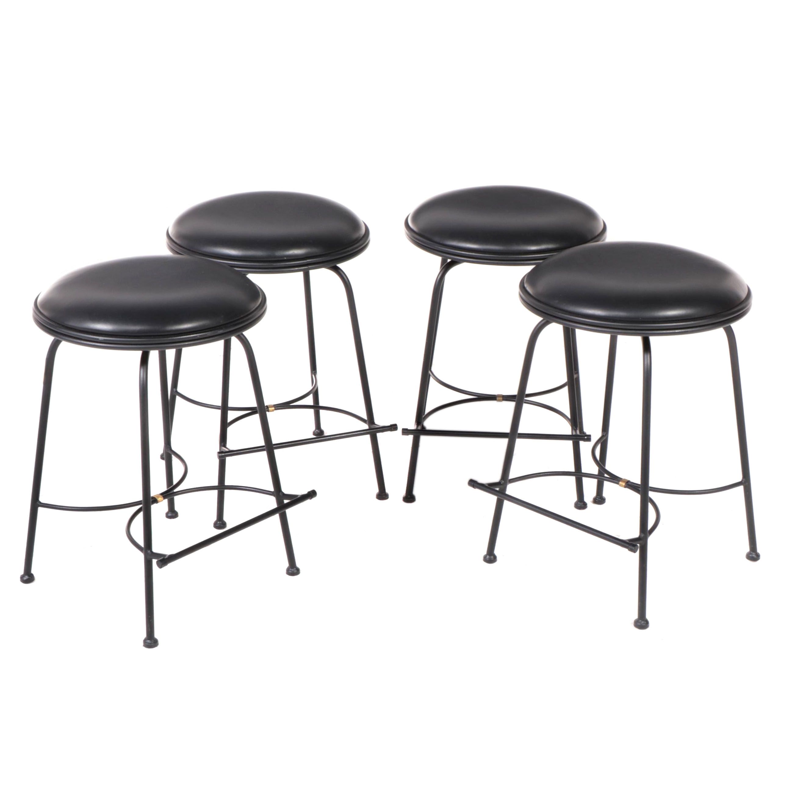 Four Charleston Forge Wrought Iron and Leather Counter-Height Swivel Stools