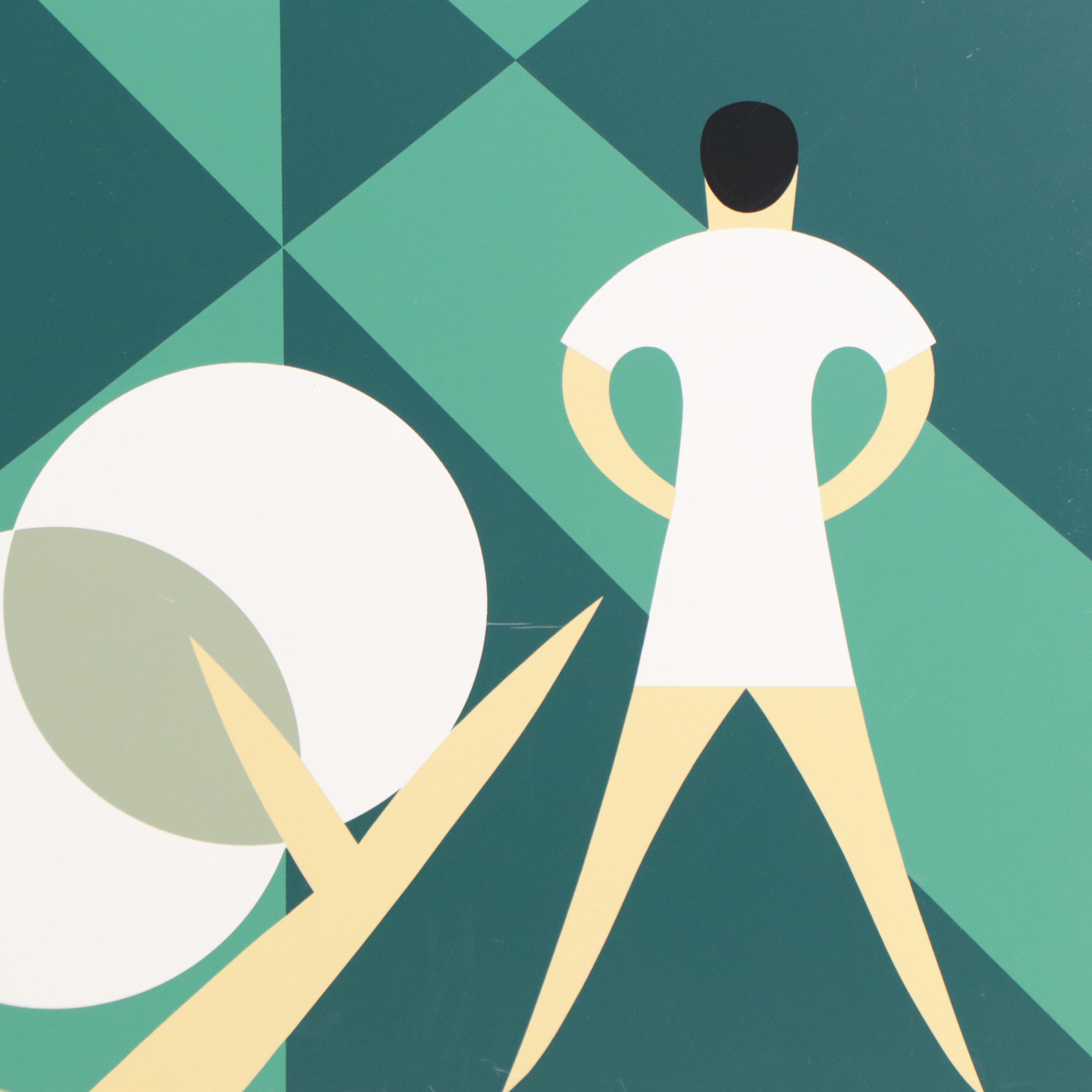 John Vassos Modernist Tennis Scene Silkscreened Enamel on Metal, 1971