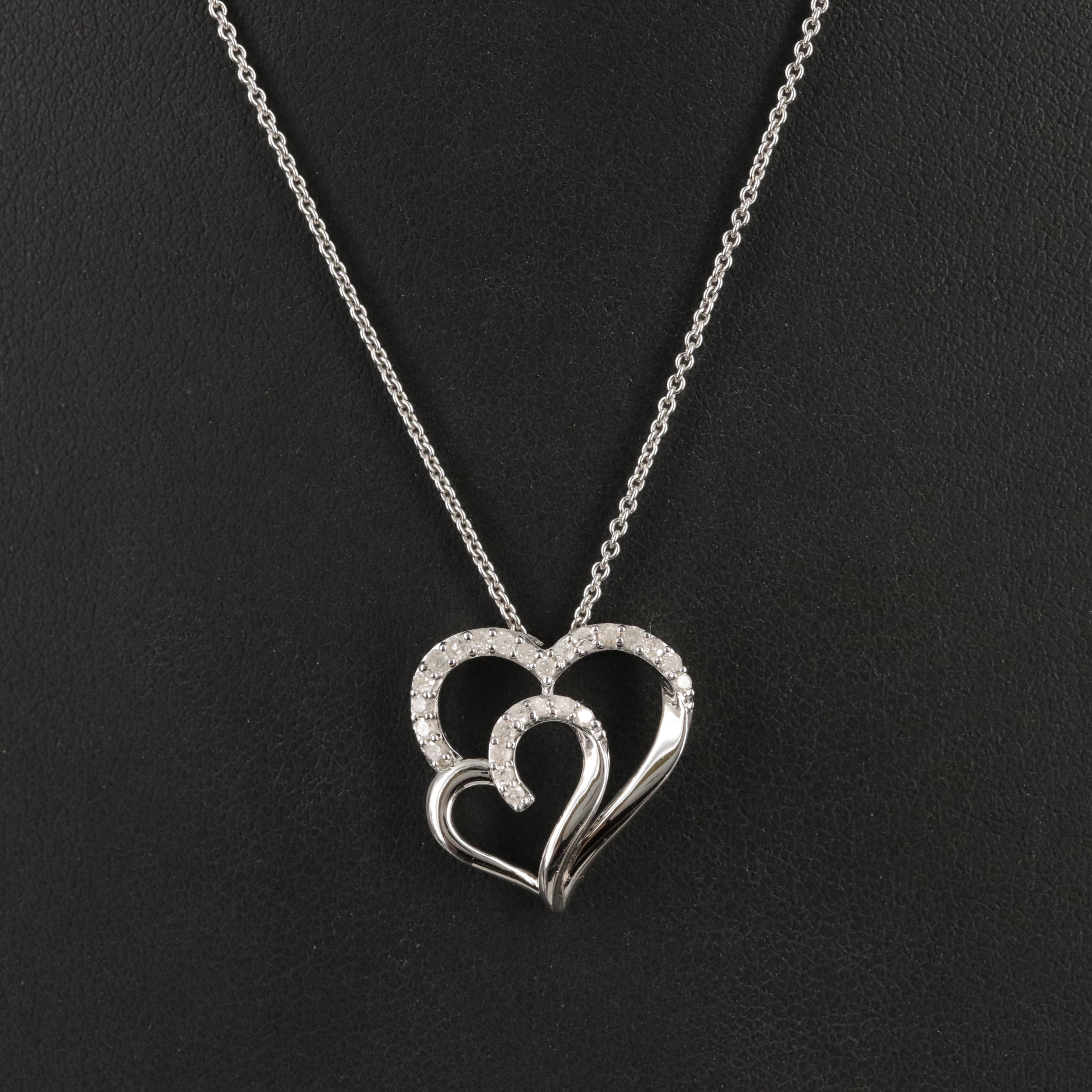 Sterling Diamond Double Heart Pendant Necklace
