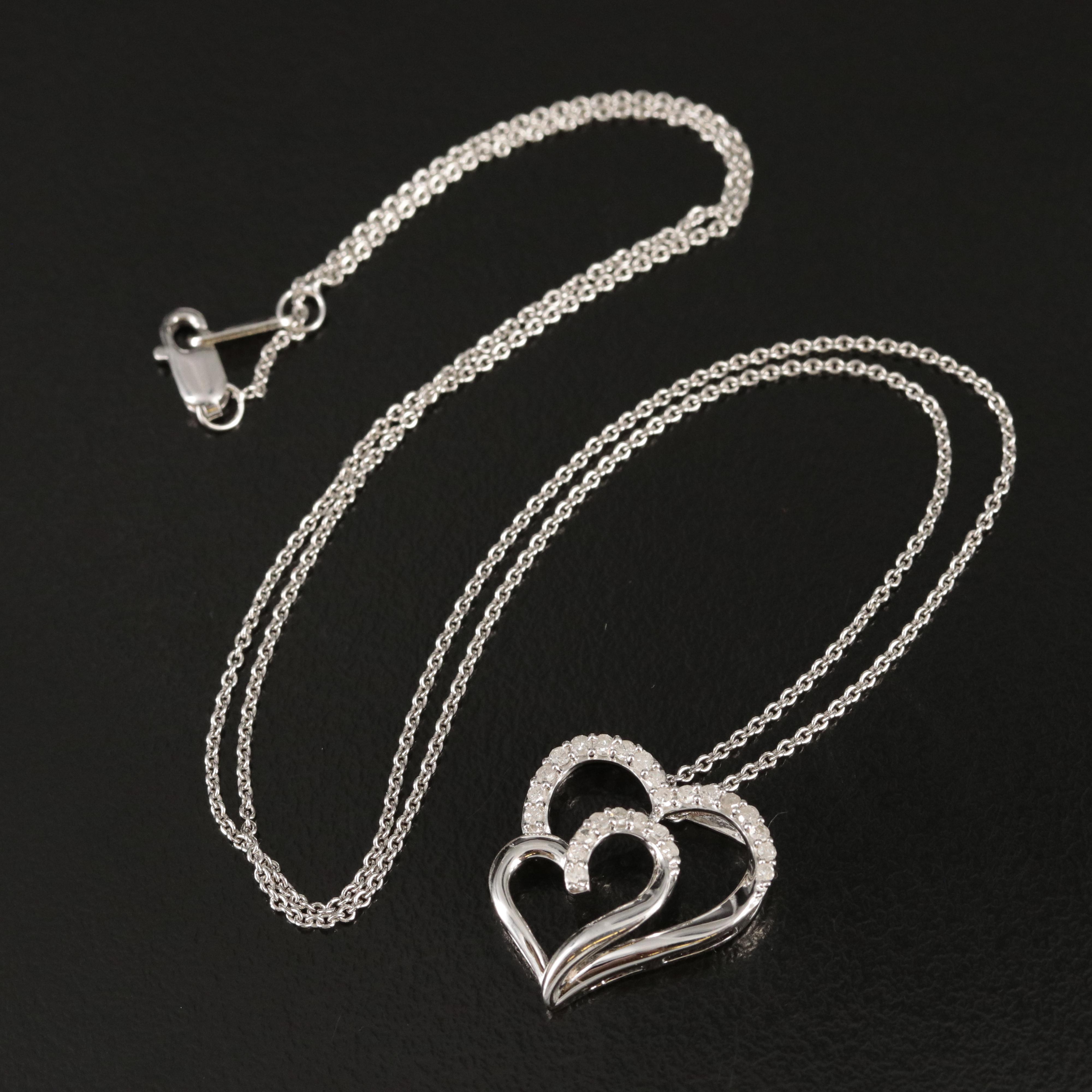 Sterling Diamond Double Heart Pendant Necklace