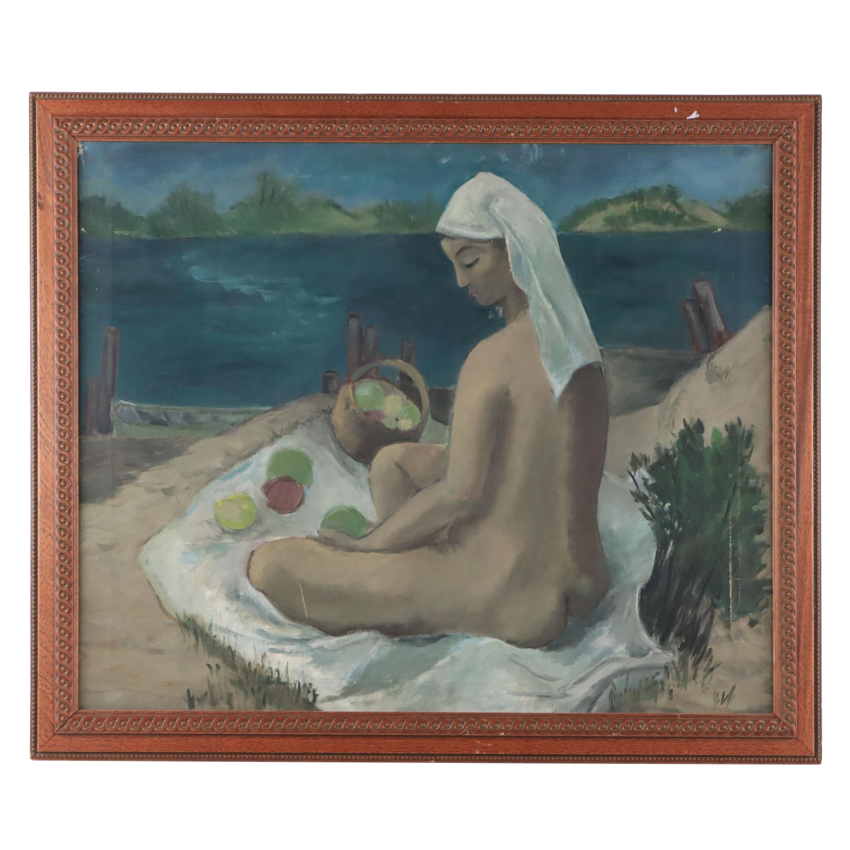 Modernist Oil Painting of Nude Sitting by Lake