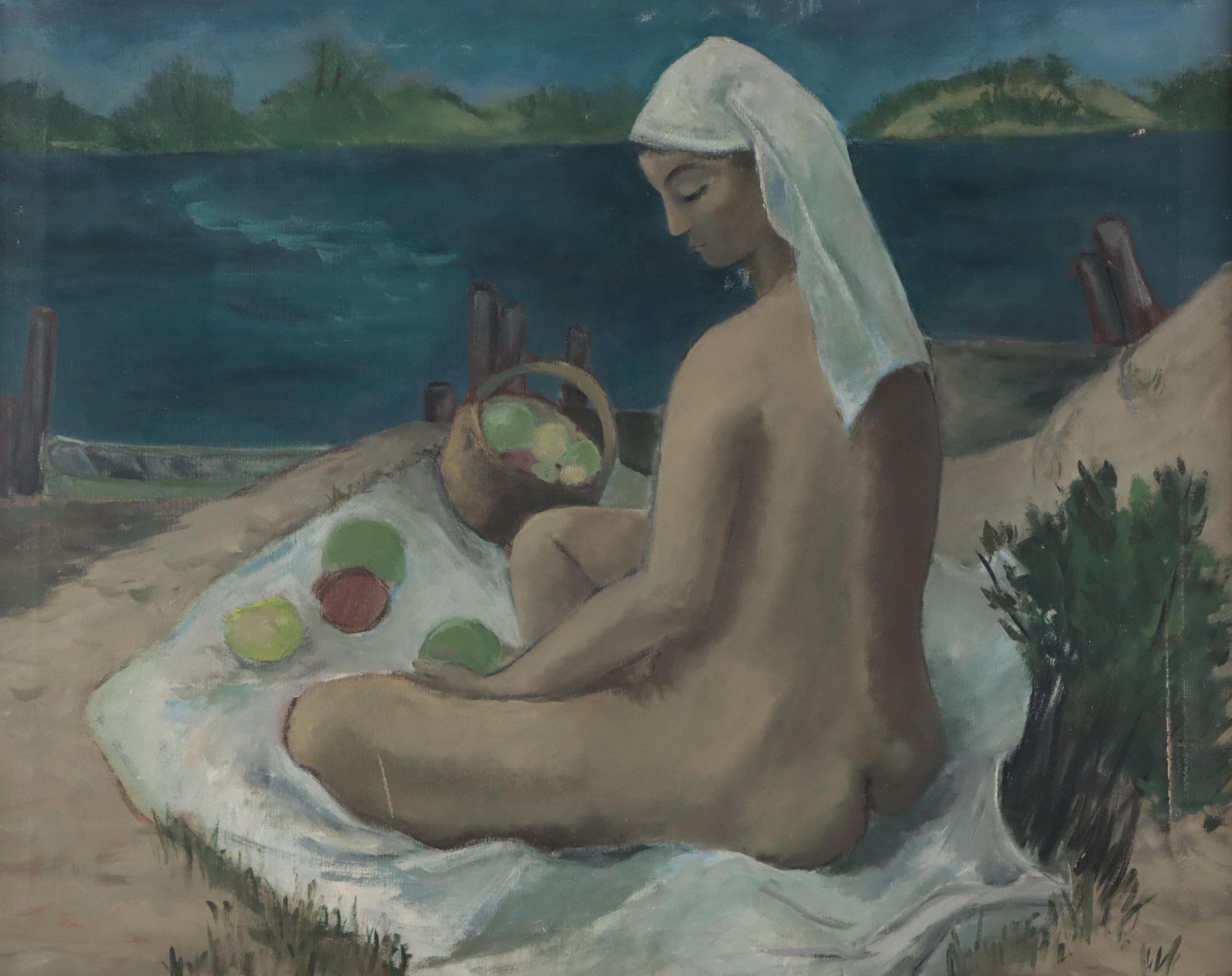 Modernist Oil Painting of Nude Sitting by Lake