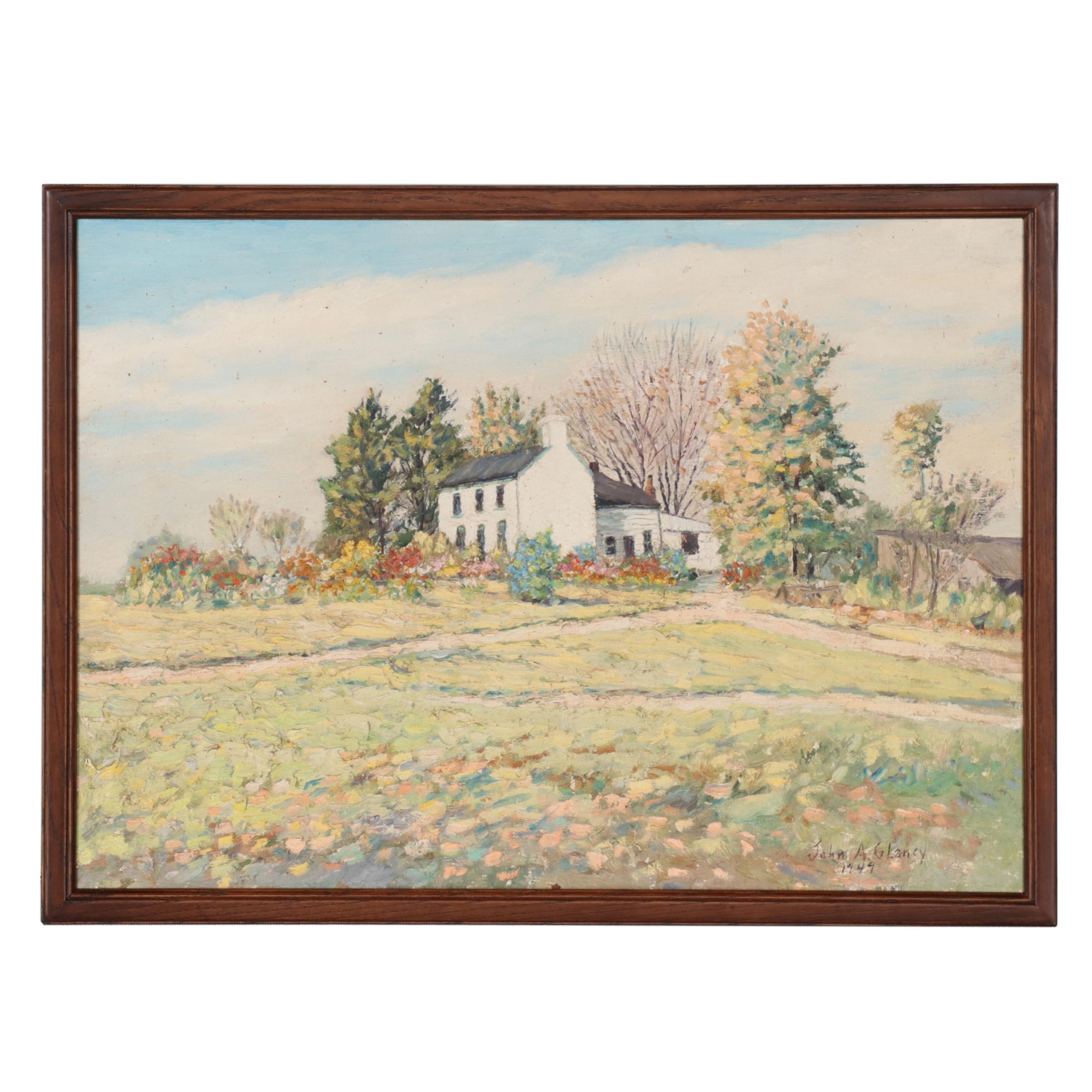 John G. Glancy Folk Art Oil Painting Landscape With House, 1949