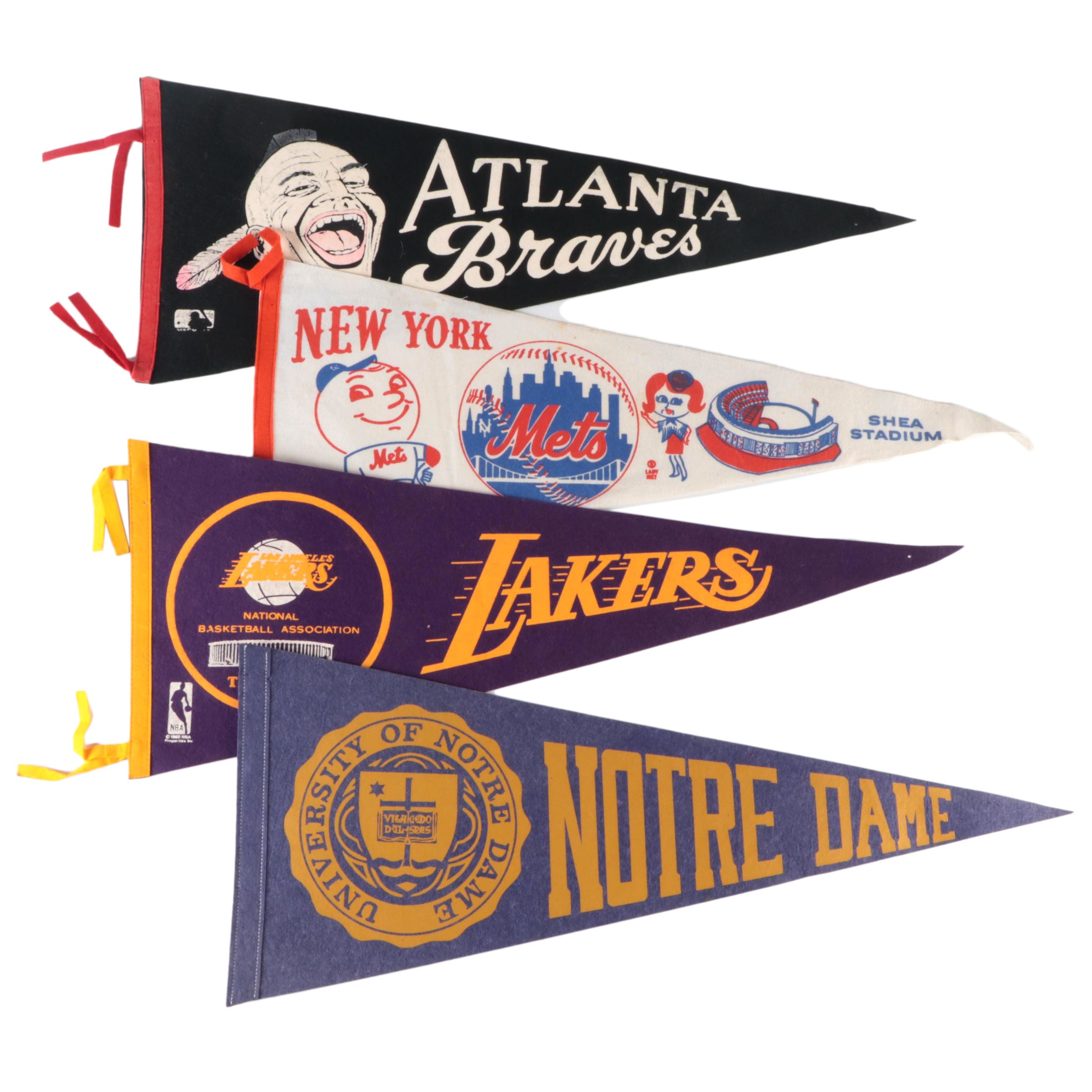 Notre Dame, L.A. Lakers, N.Y. Mets and Atlanta Braves Pennants, Late 20th C.