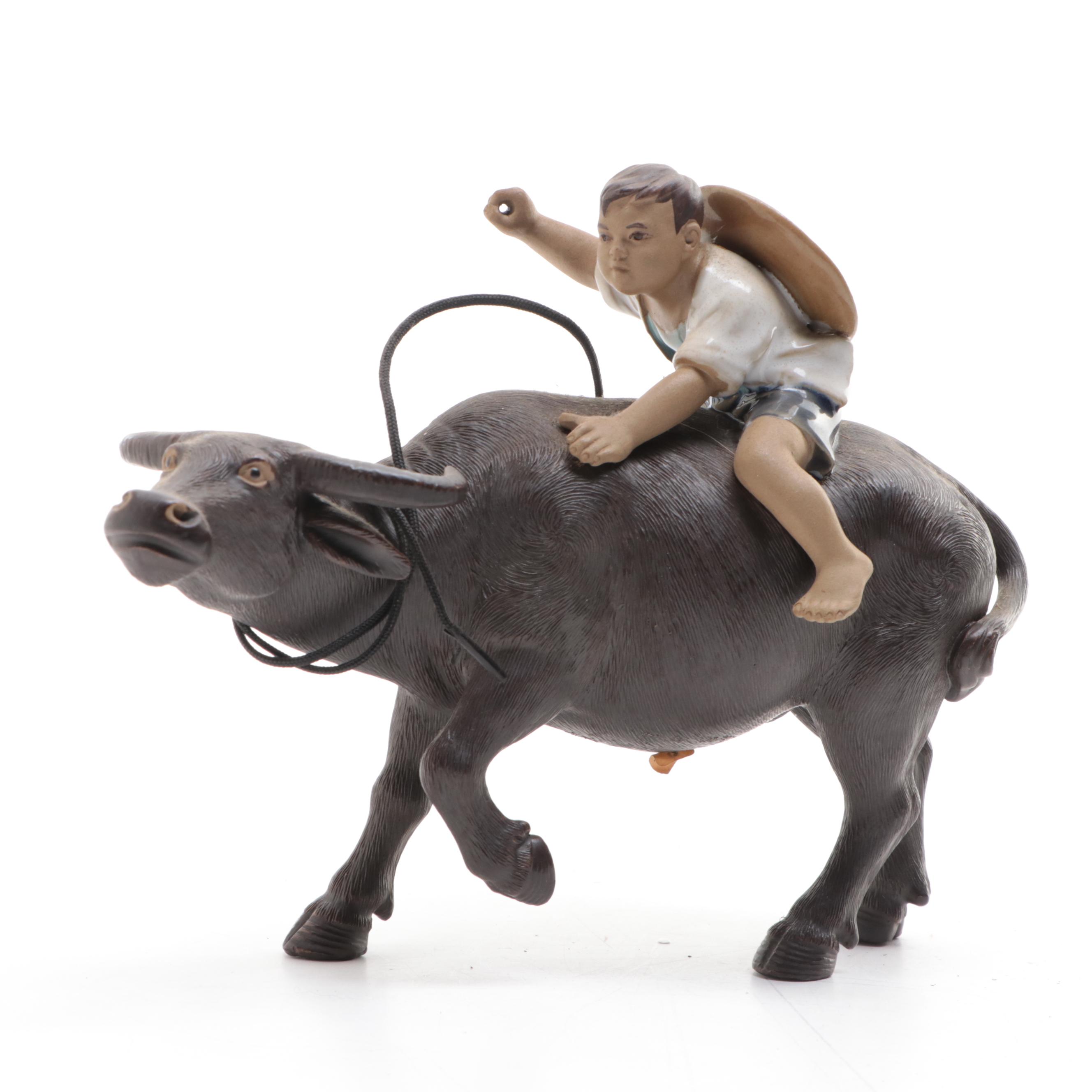 Chinese Shiwan Pottery Figurines of Boy and Girl Riding Water Buffalo
