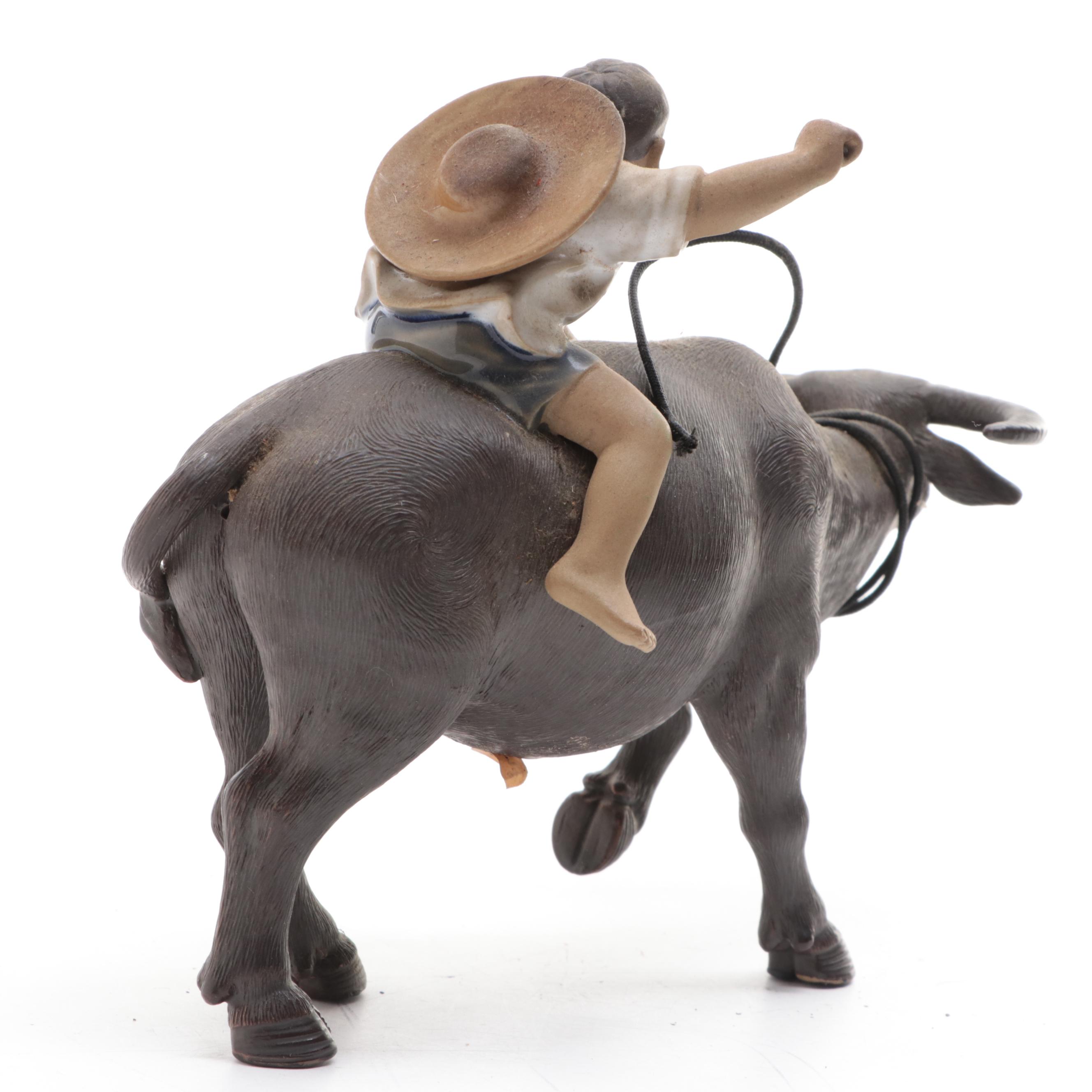 Chinese Shiwan Pottery Figurines of Boy and Girl Riding Water Buffalo