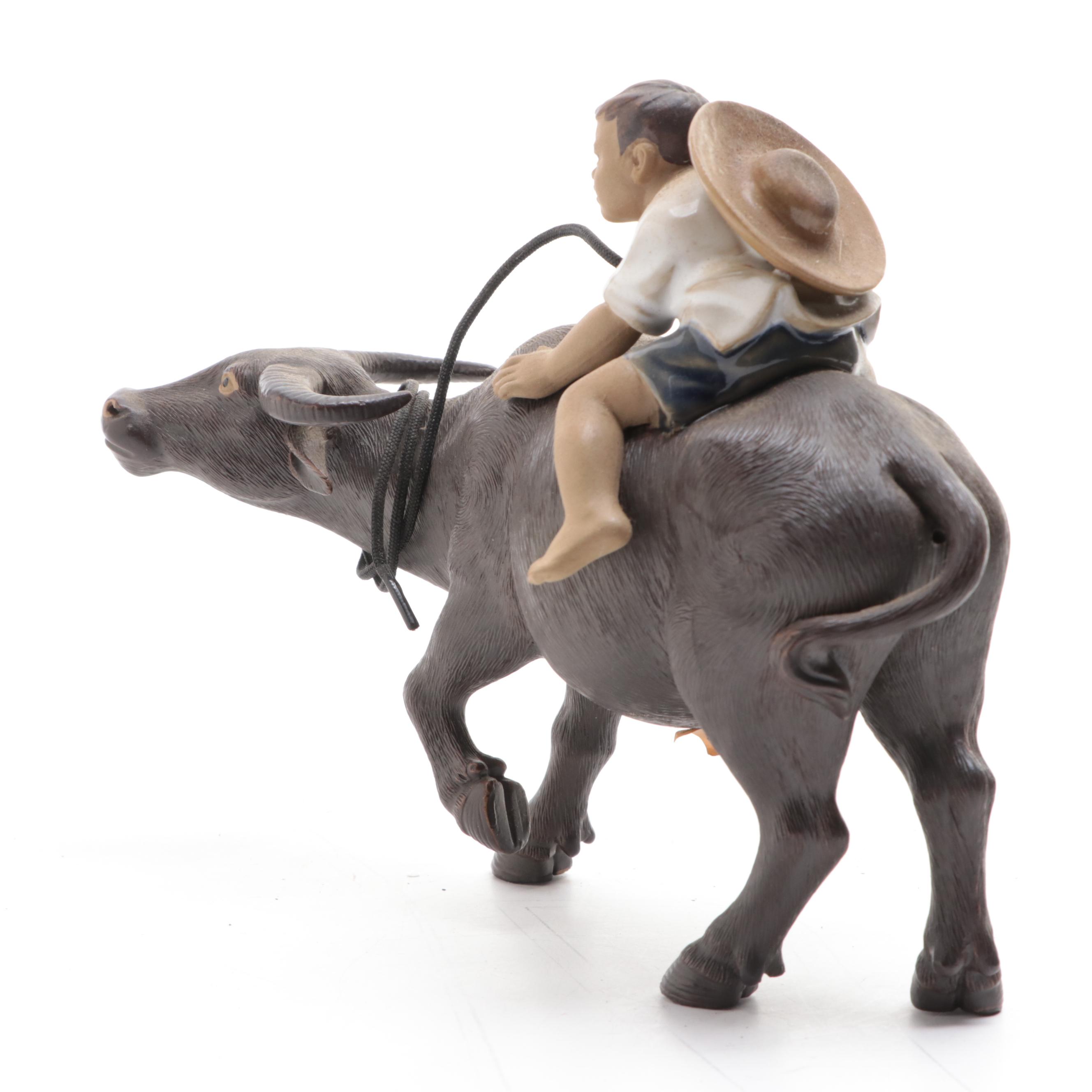 Chinese Shiwan Pottery Figurines of Boy and Girl Riding Water Buffalo