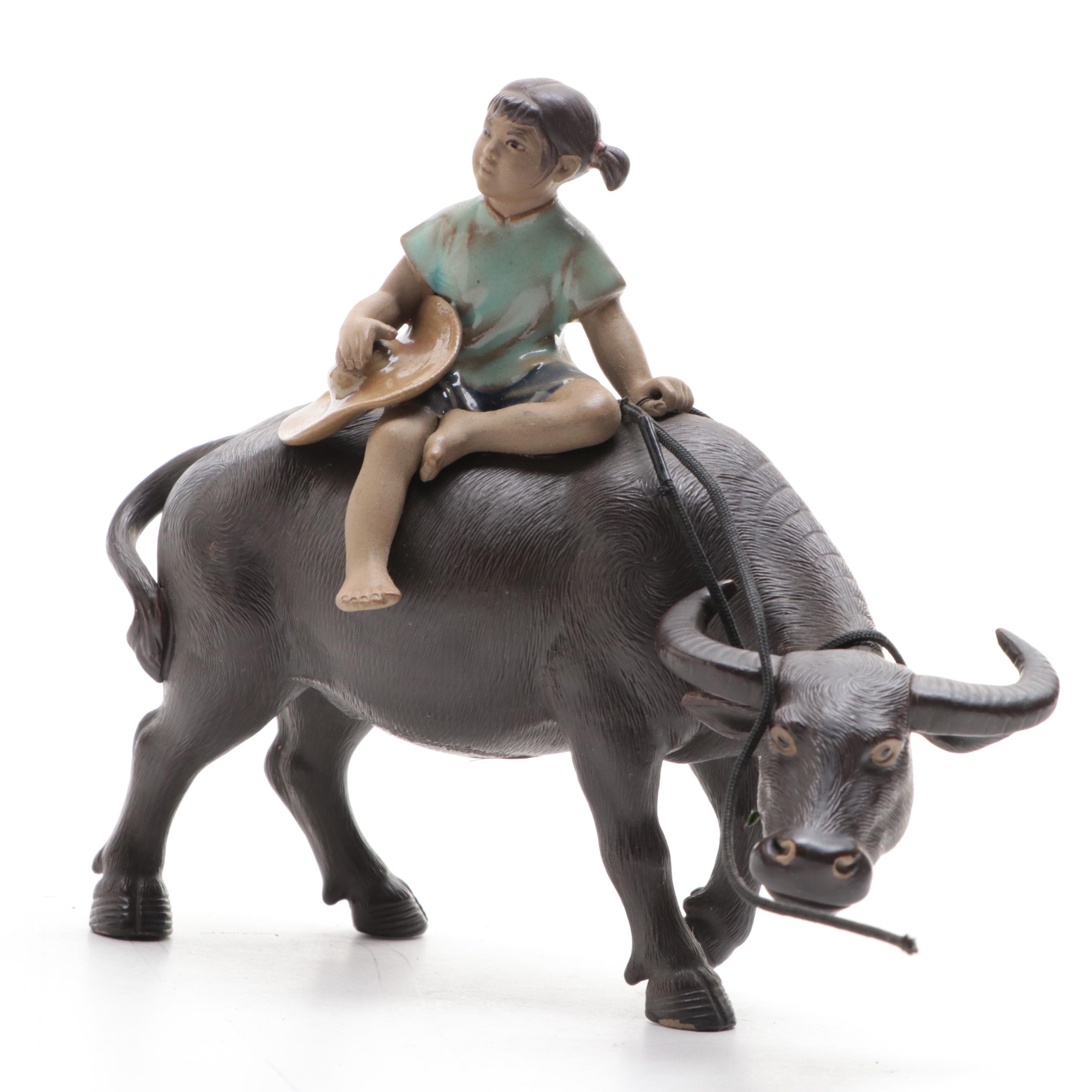 Chinese Shiwan Pottery Figurines of Boy and Girl Riding Water Buffalo