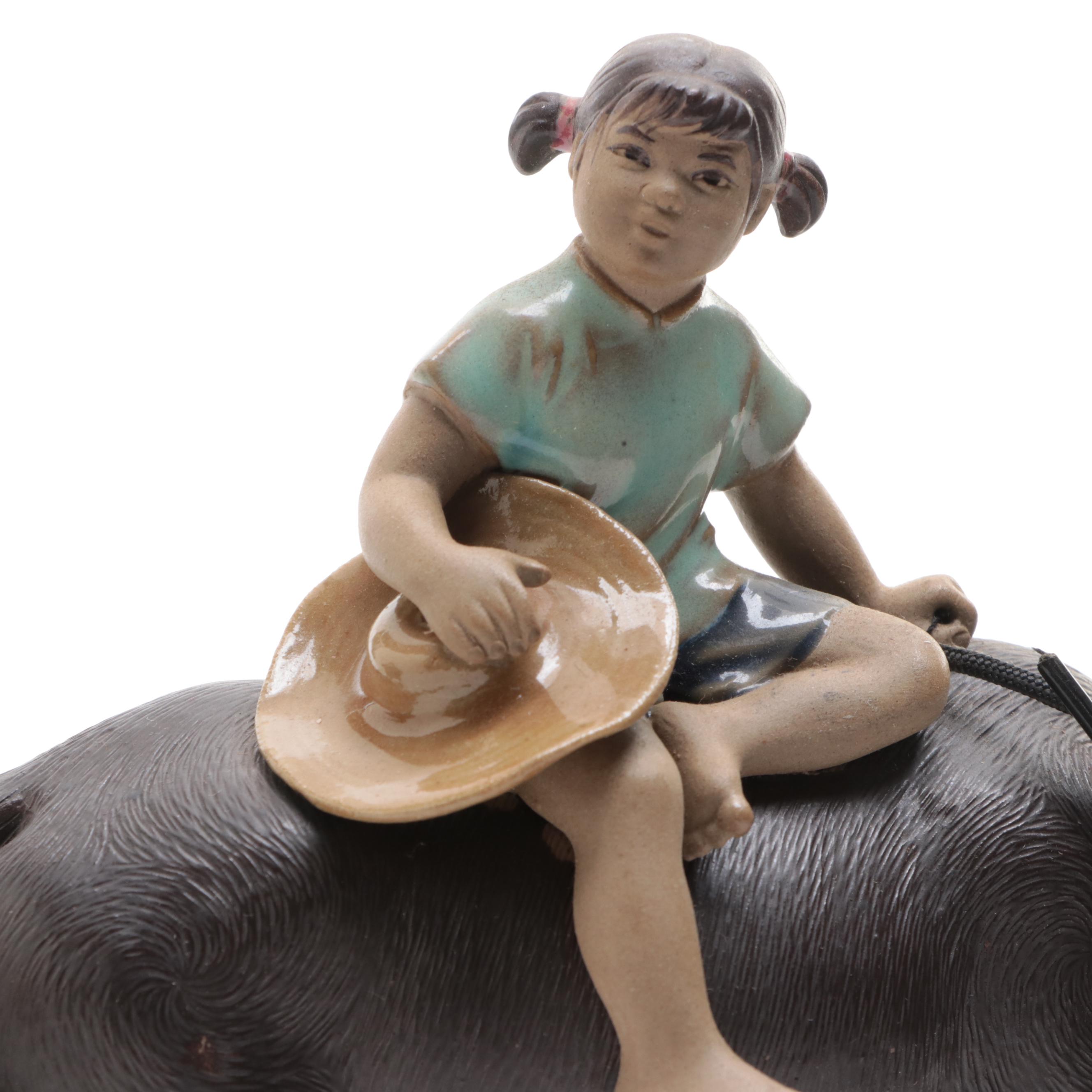 Chinese Shiwan Pottery Figurines of Boy and Girl Riding Water Buffalo