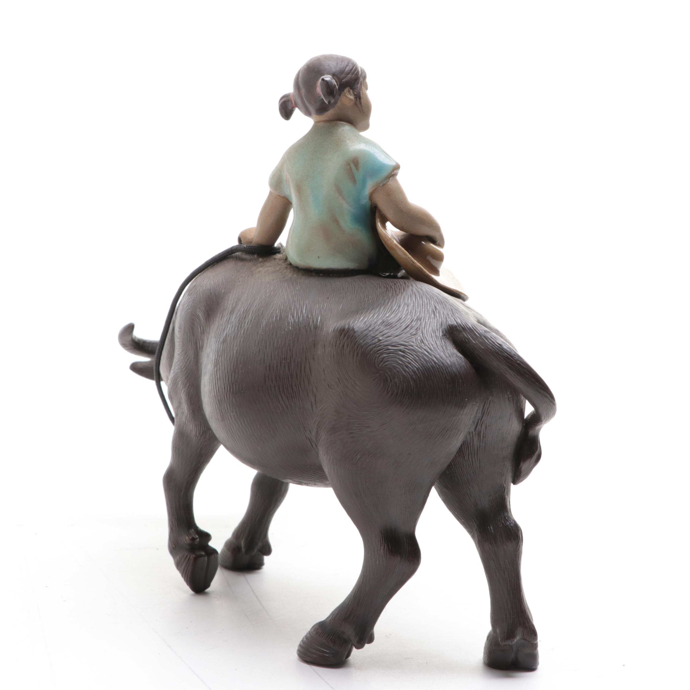 Chinese Shiwan Pottery Figurines of Boy and Girl Riding Water Buffalo