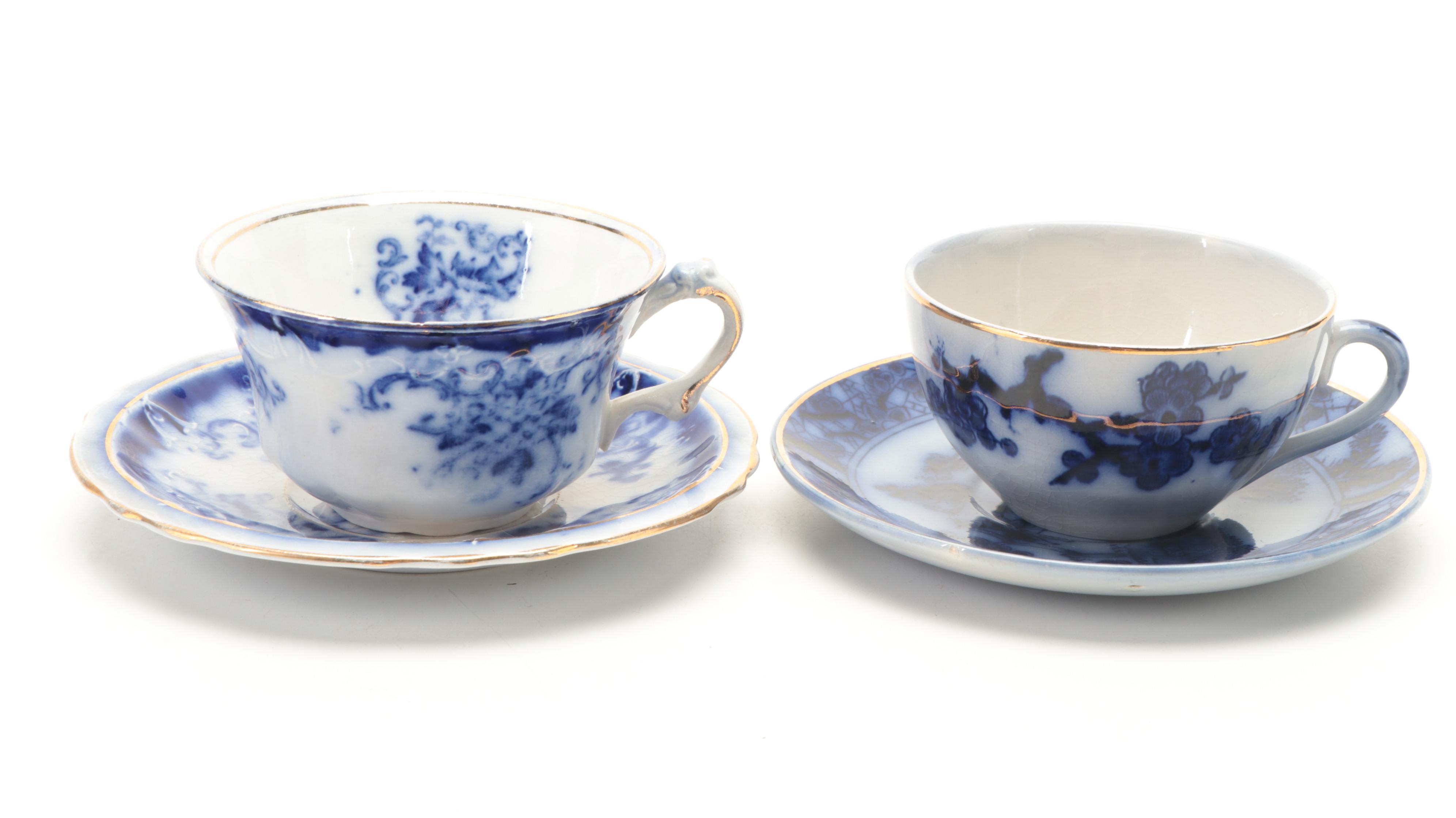 English and Other Flow Blue Ironstone Teacups and Saucers