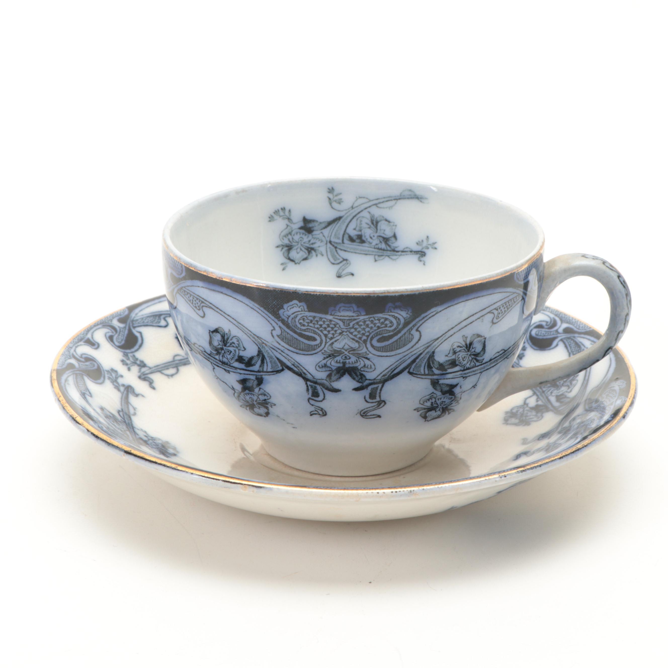 English and Other Flow Blue Ironstone Teacups and Saucers