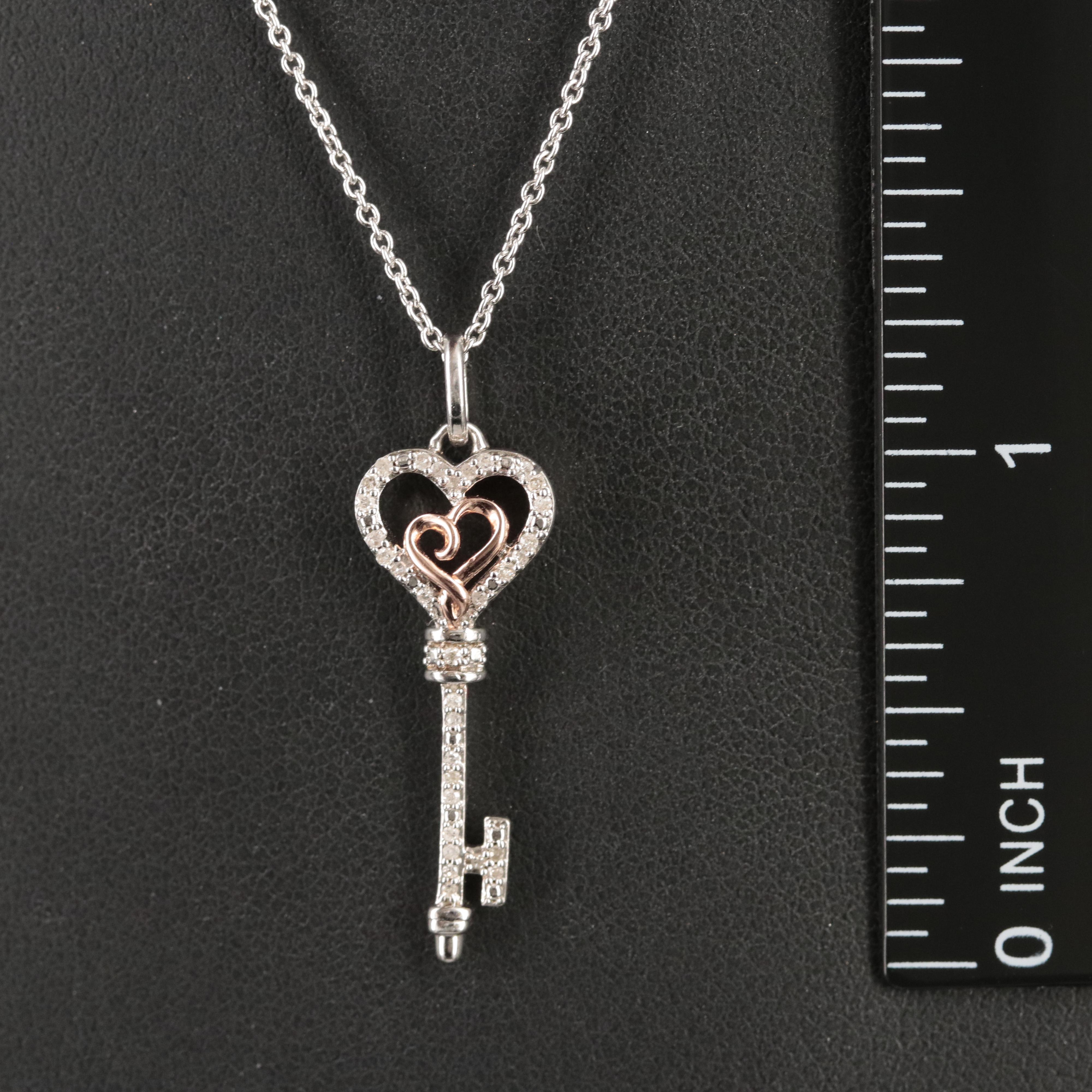 Sterling Diamond Heart Skeleton Key Pendant Necklace