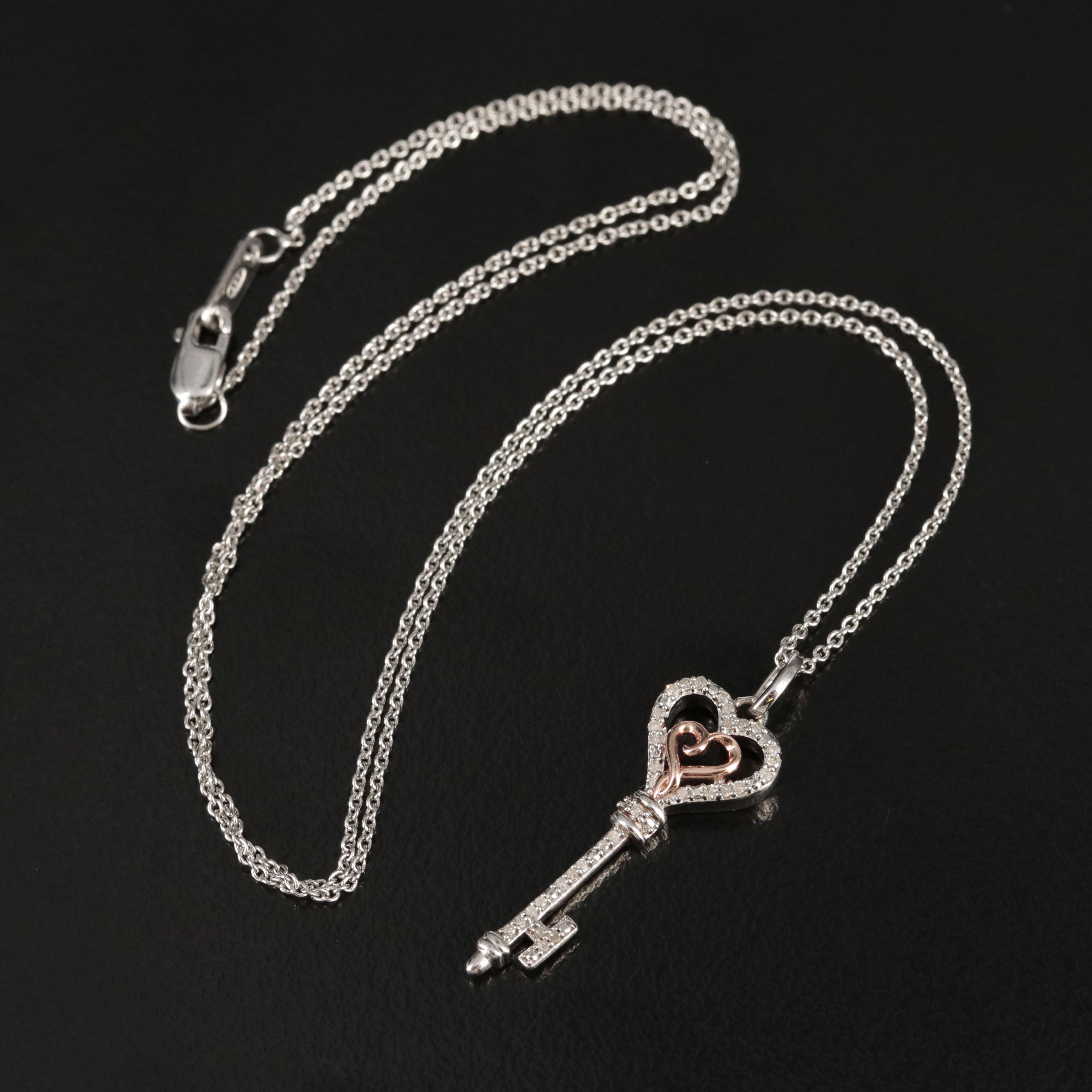Sterling Diamond Heart Skeleton Key Pendant Necklace