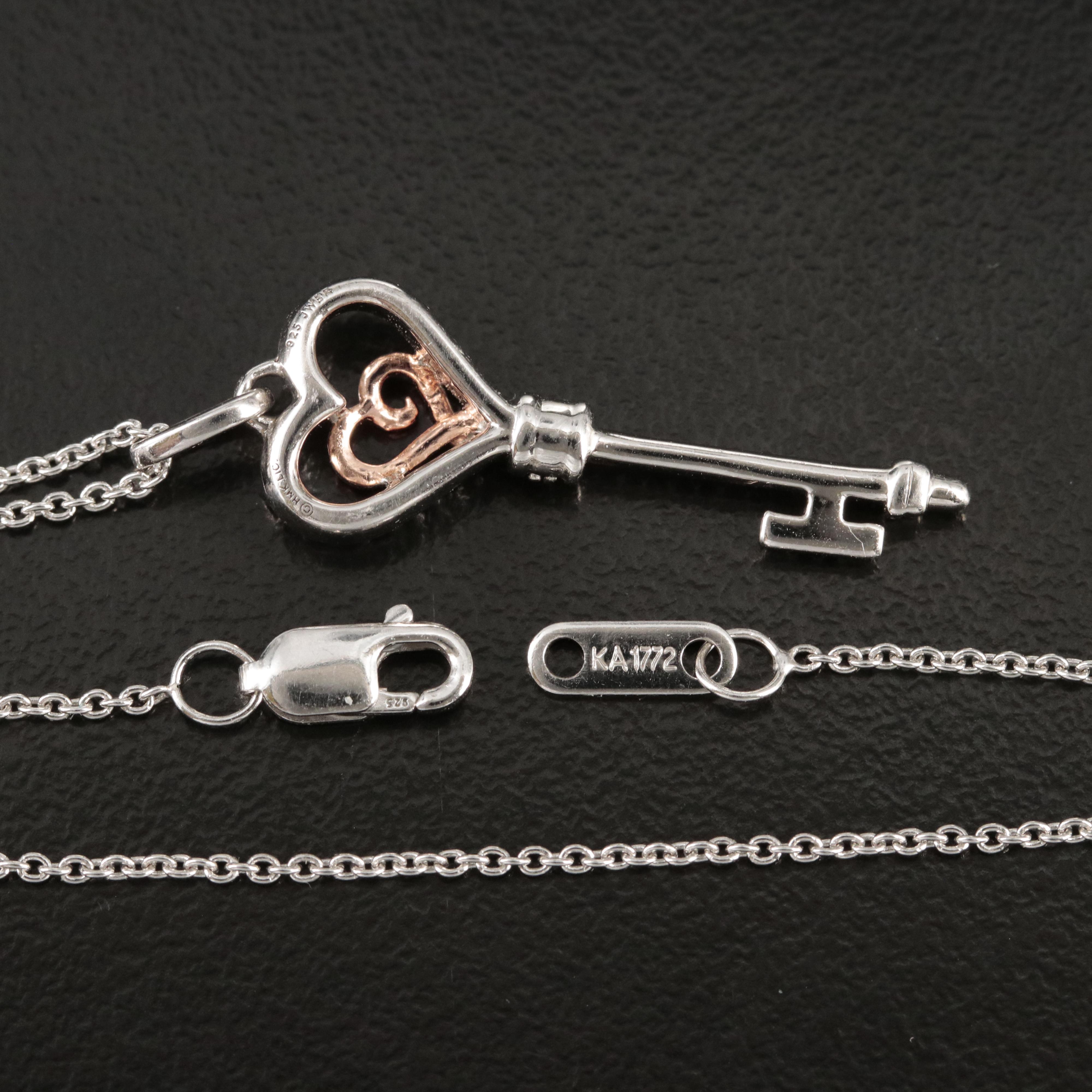 Sterling Diamond Heart Skeleton Key Pendant Necklace