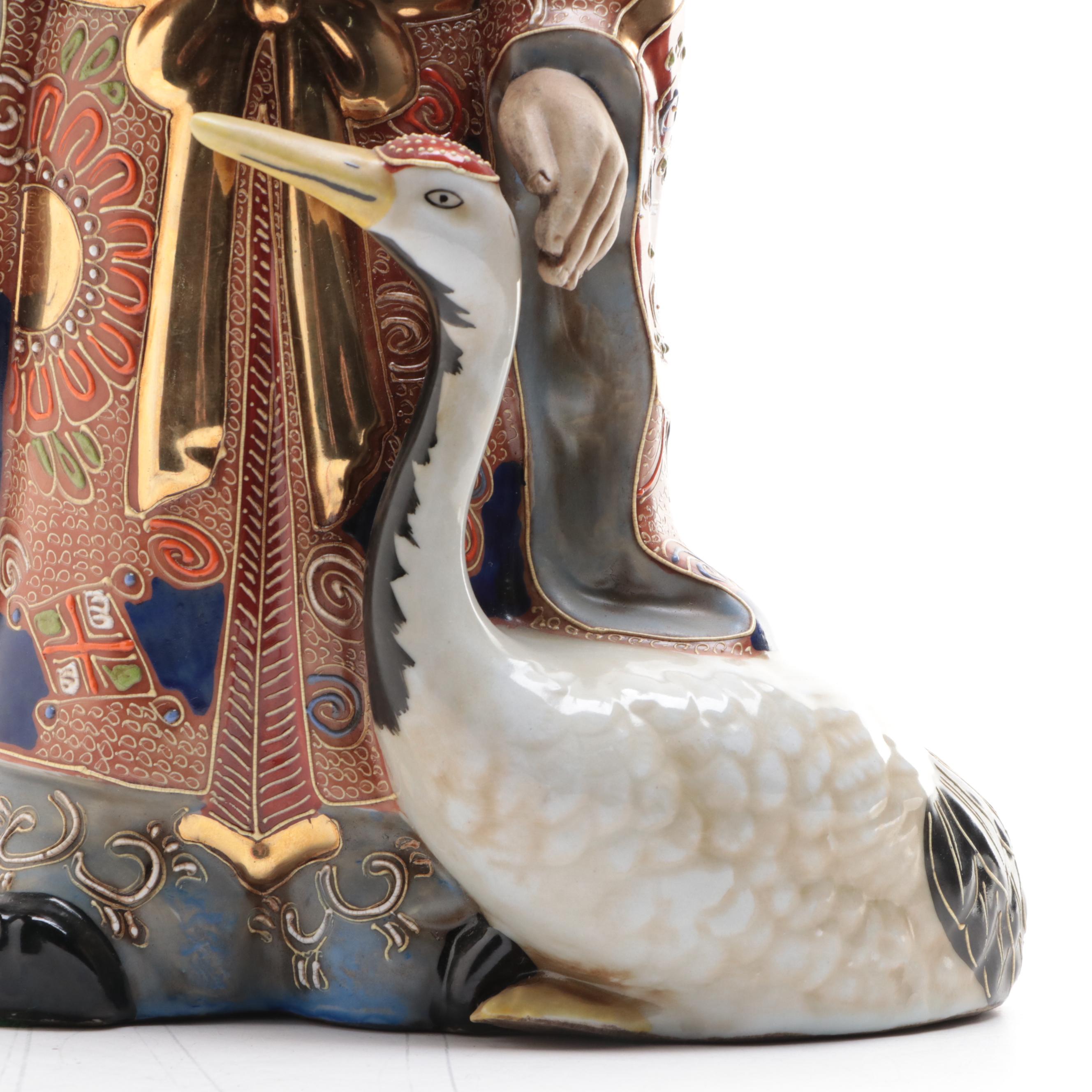 Japanese Satsuma Porcelain Jirōjin with Crane Figurine