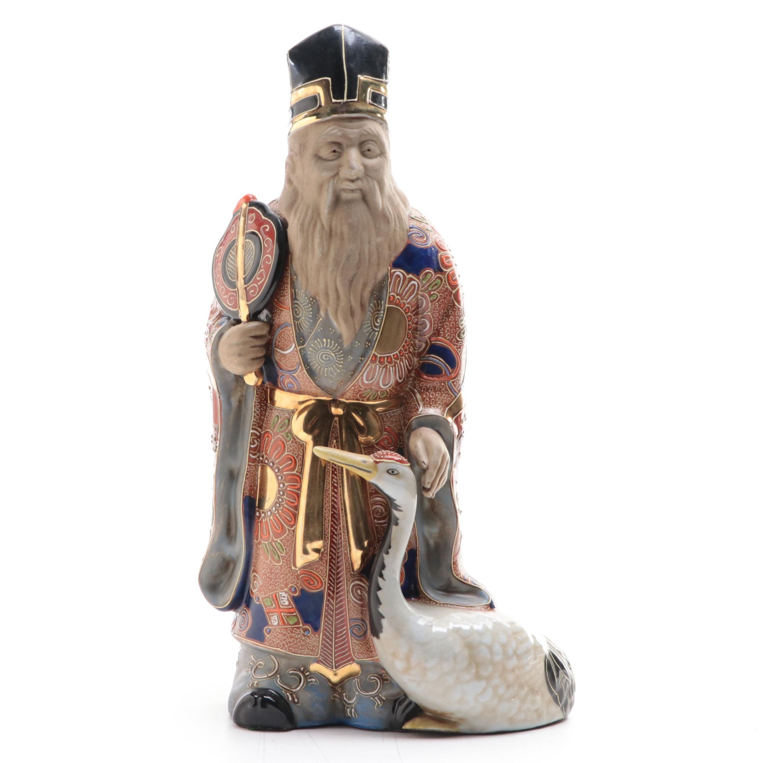 Japanese Satsuma Porcelain Jirōjin with Crane Figurine