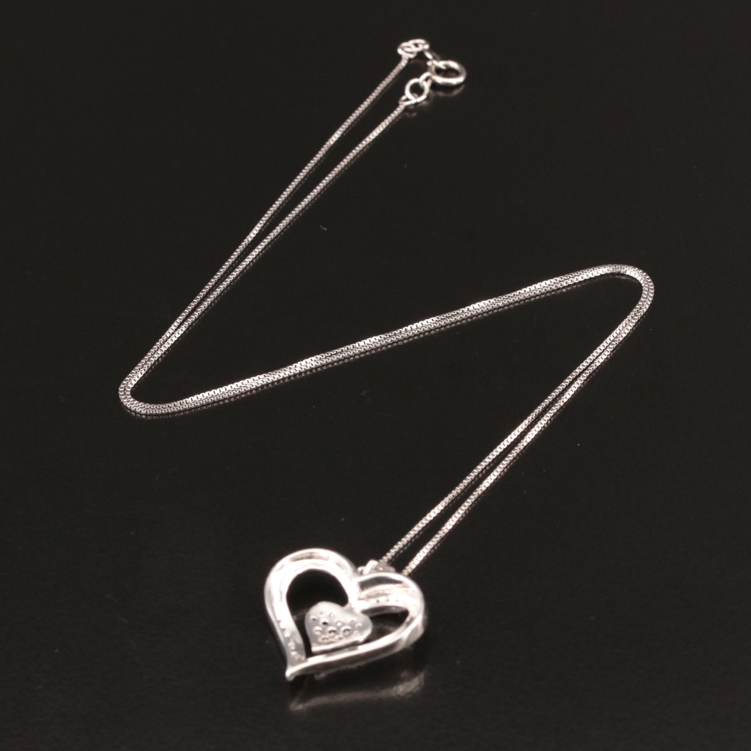 Sterling Diamond Double Heart Pendant Necklace