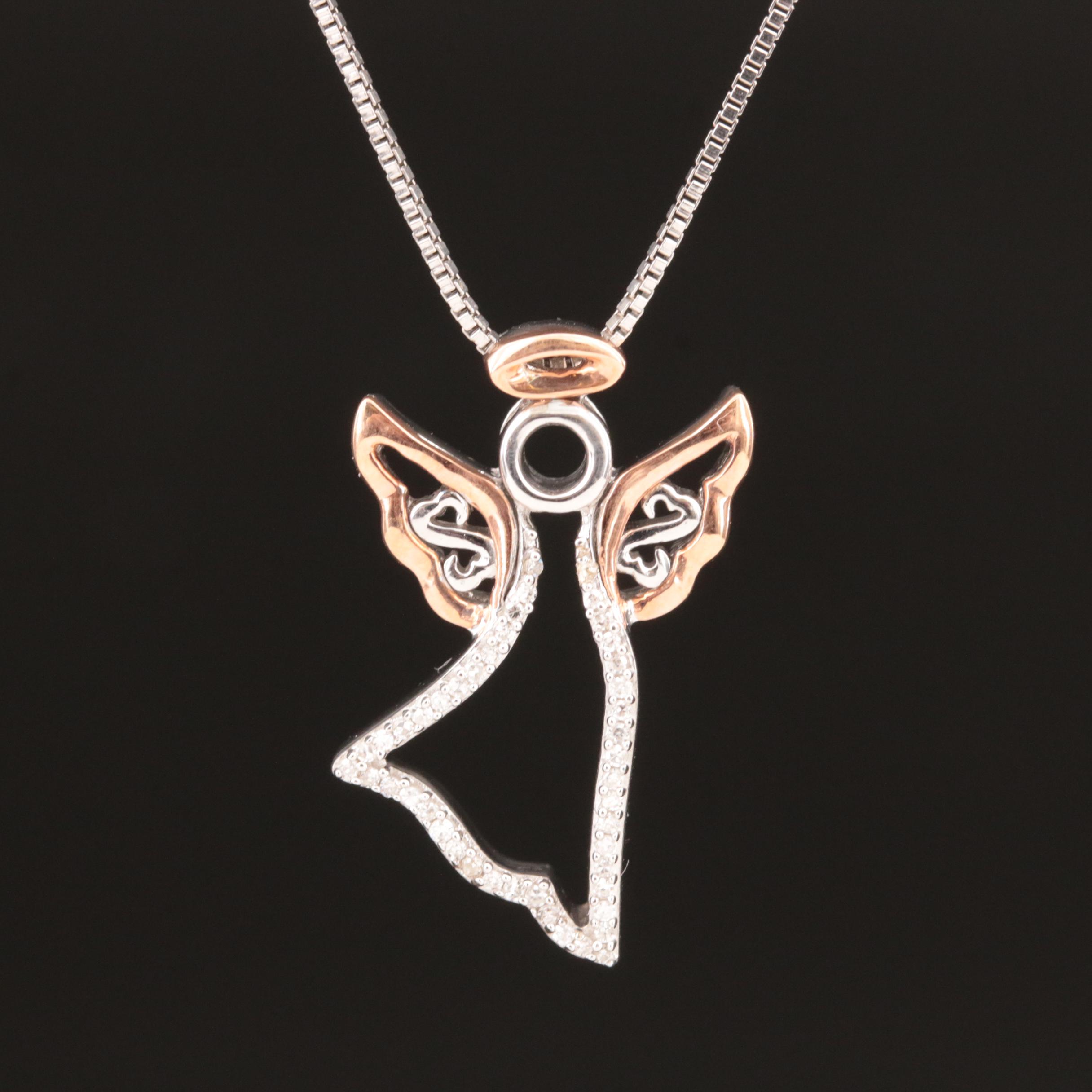 Sterling Diamond Angel Pendant Necklace with 10K Rose Gold Accents