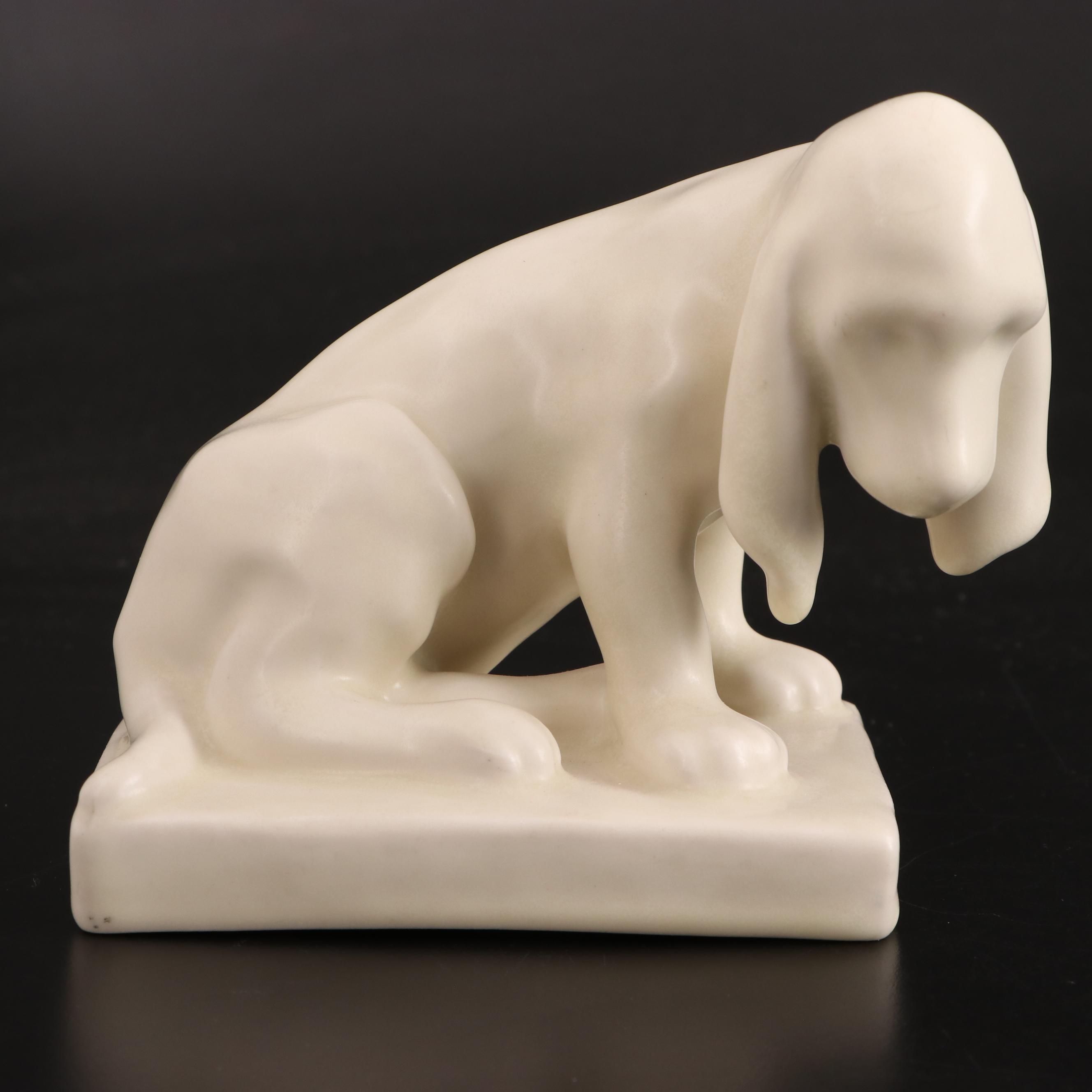 Rookwood Pottery Matte White Hound Dog Bookends, 1944