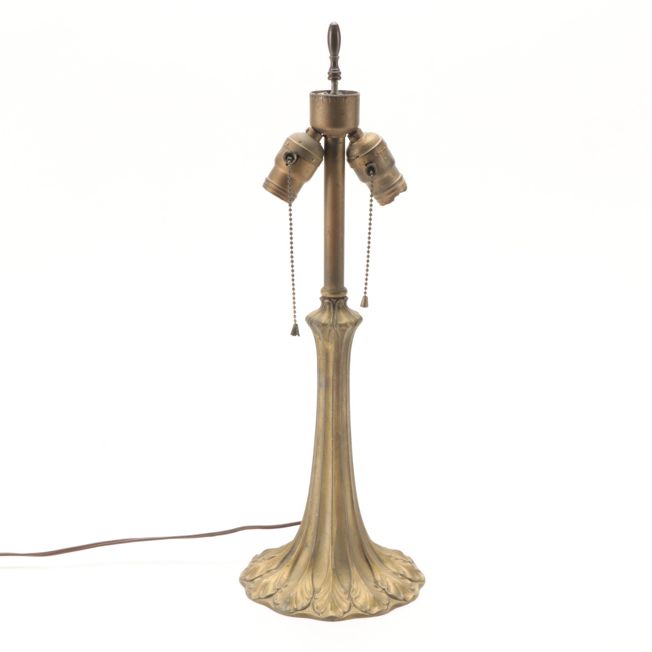 Neoclassical Style Six Panel Bent Slag Glass Pressed Gilt Spelter Lamp