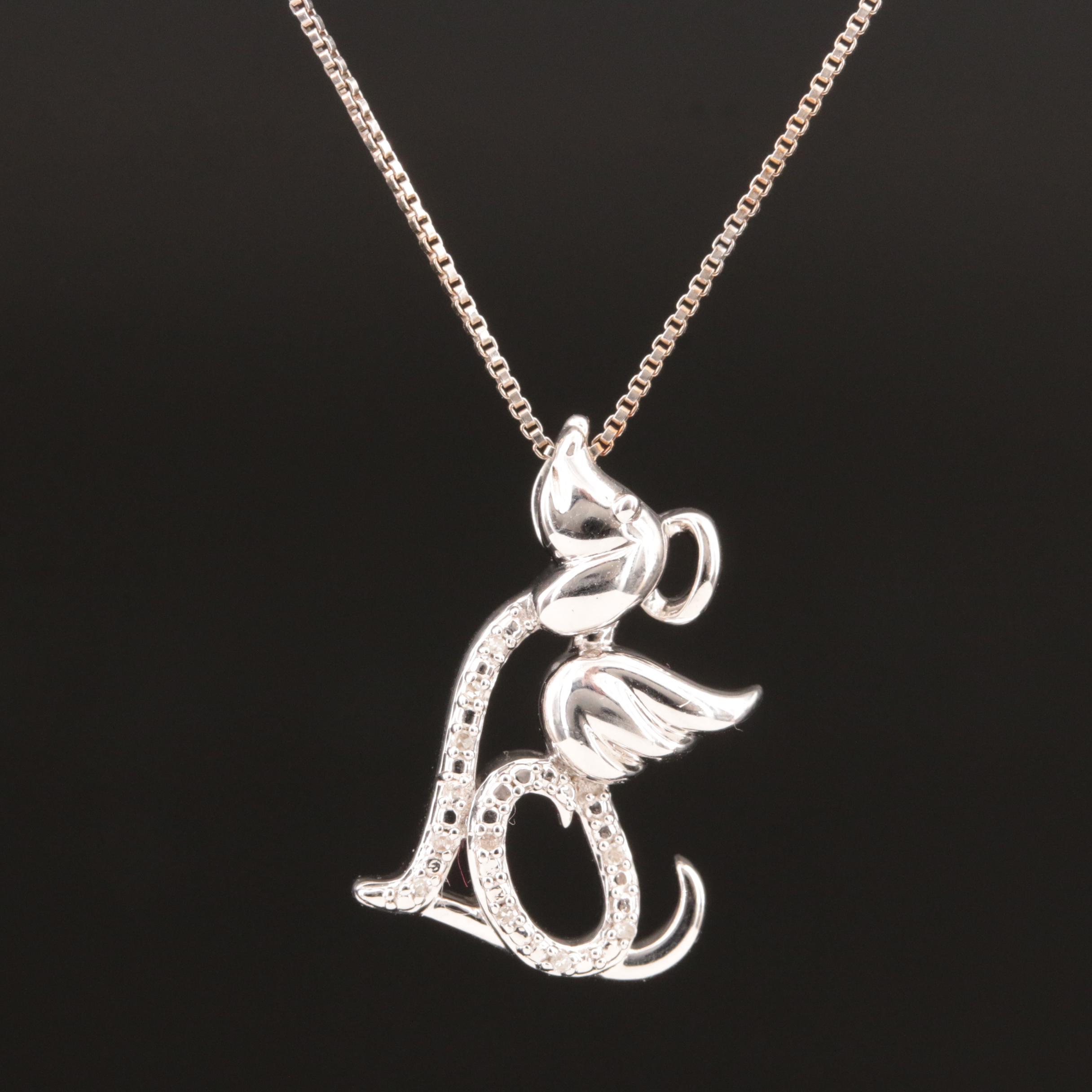 Sterling Diamond Dog Angel Pendant Necklace