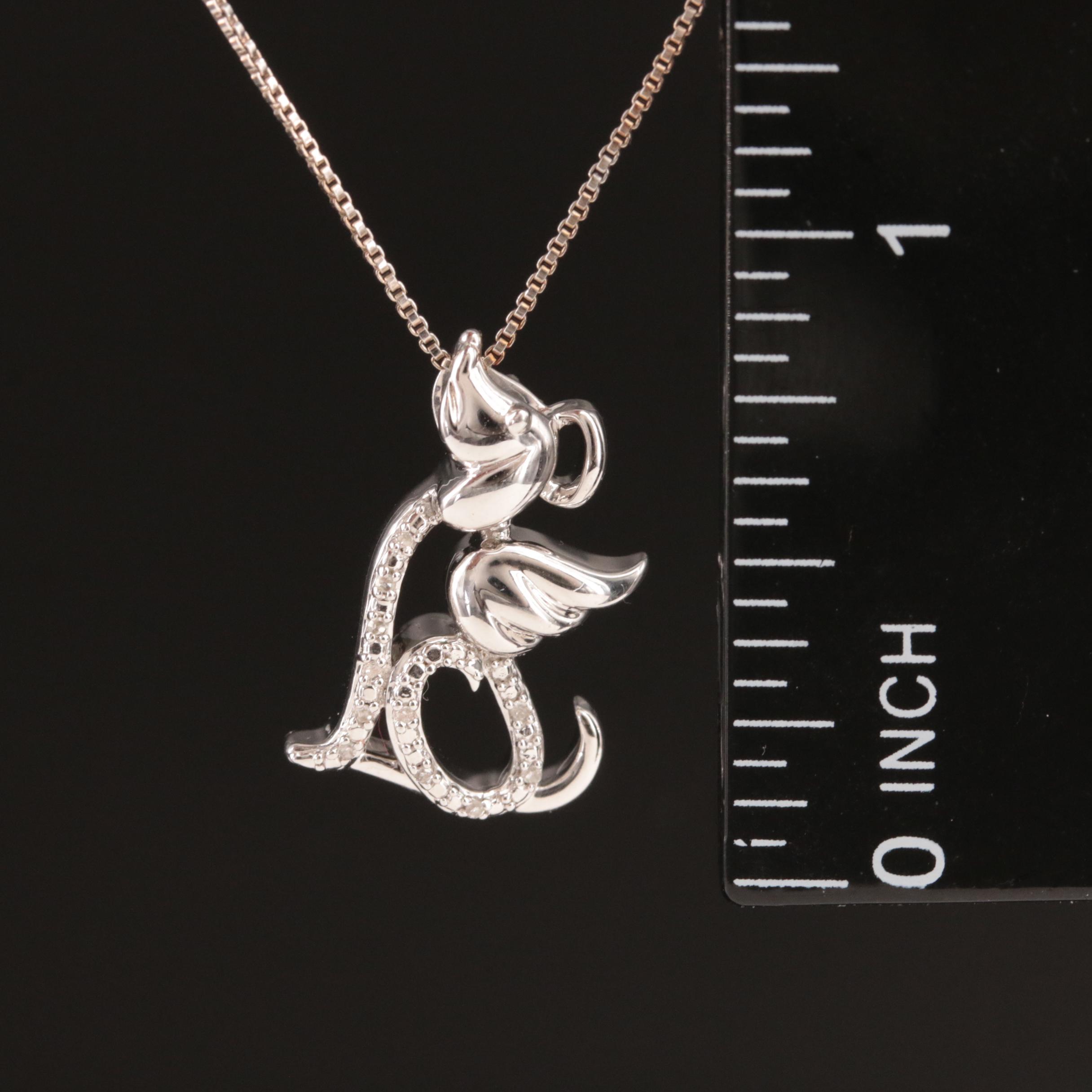 Sterling Diamond Dog Angel Pendant Necklace