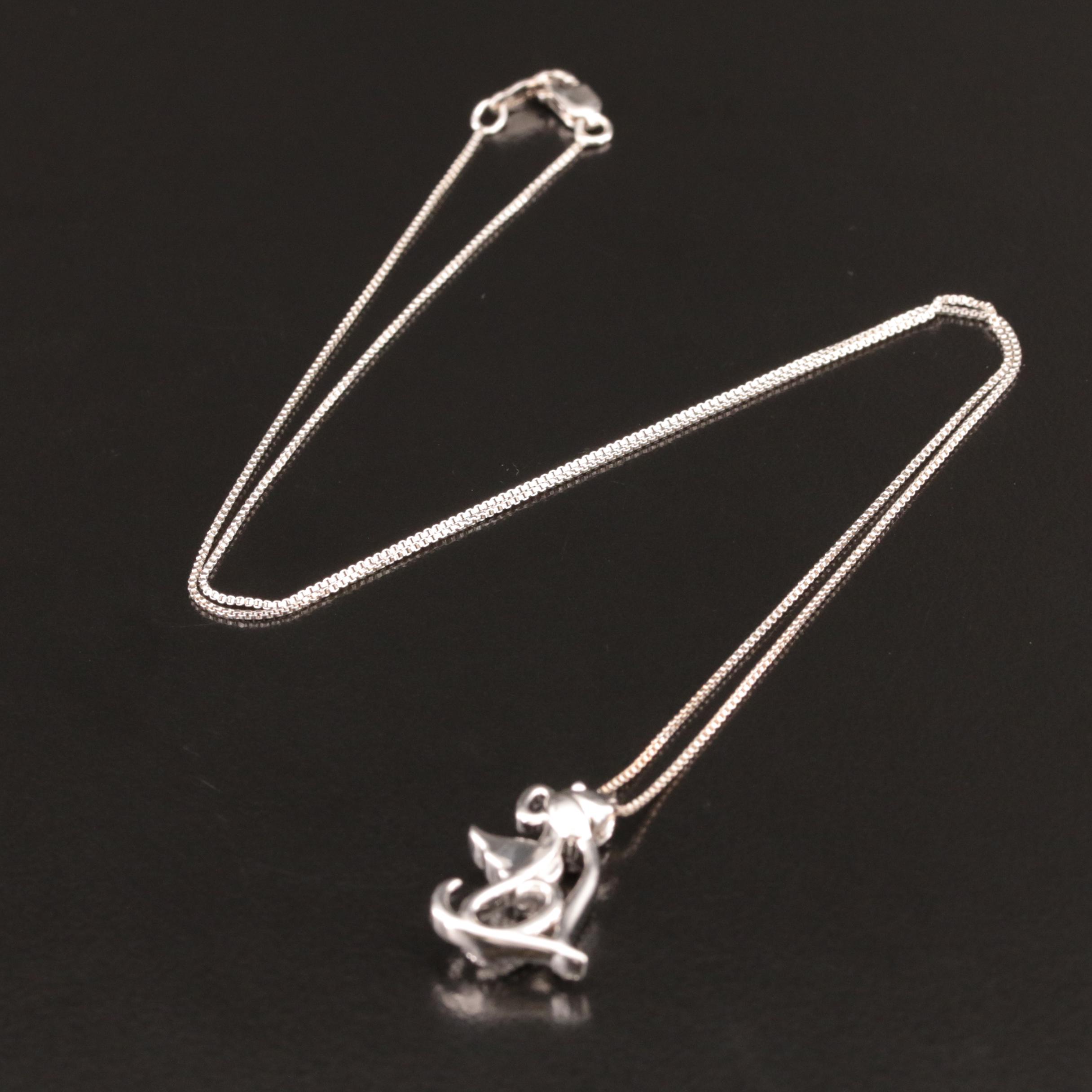 Sterling Diamond Dog Angel Pendant Necklace