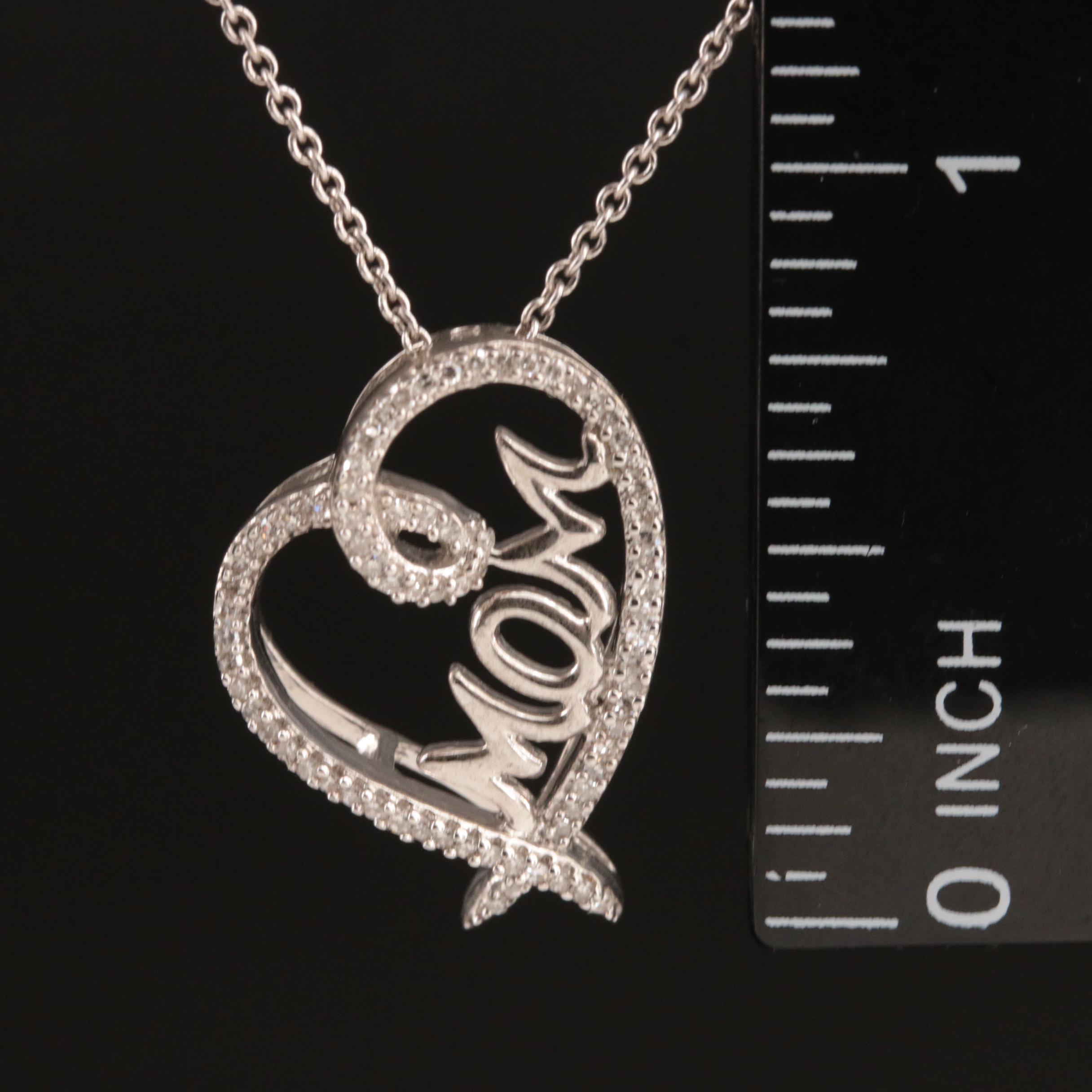 Sterling Diamond "Mom" Heart Pendant Necklace