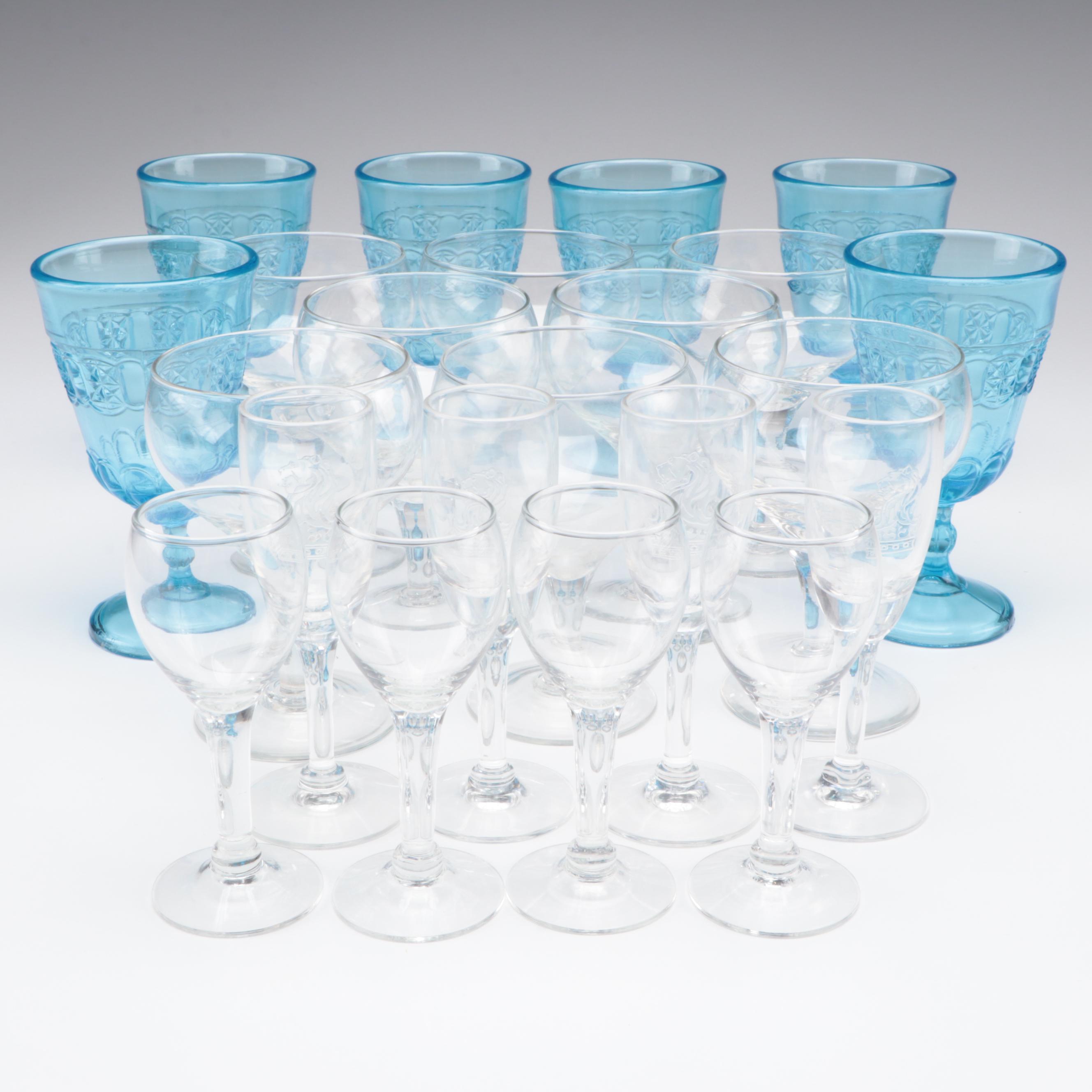 Pressed Glass Blue Goblets with Ritz-Carlton and Other Stemware