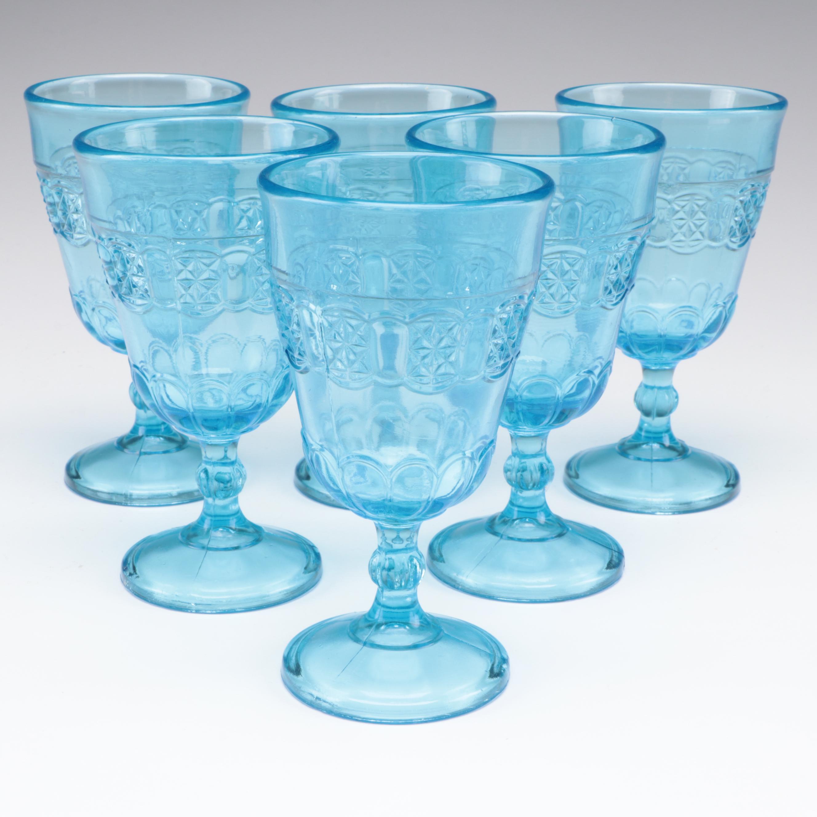 Pressed Glass Blue Goblets with Ritz-Carlton and Other Stemware