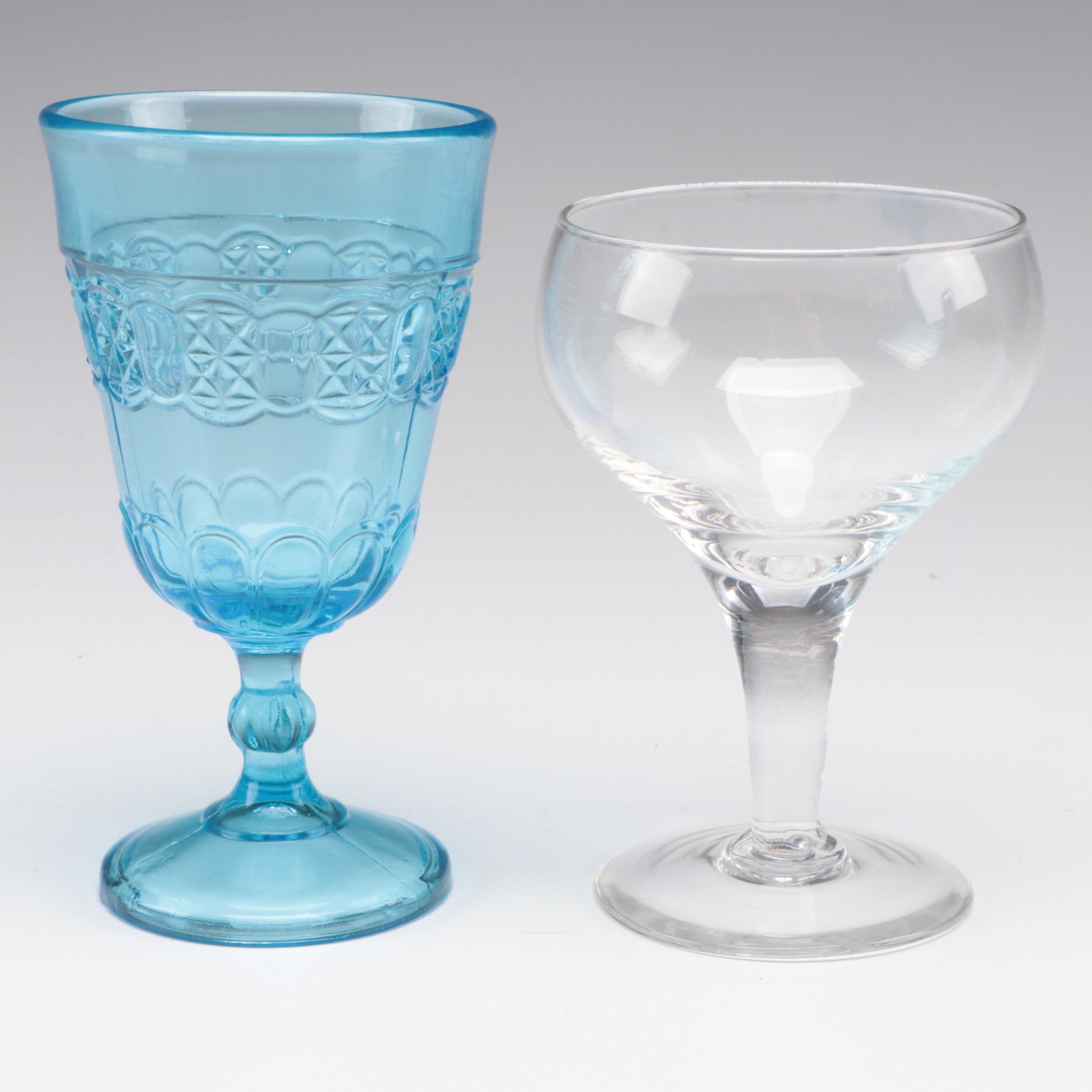 Pressed Glass Blue Goblets with Ritz-Carlton and Other Stemware