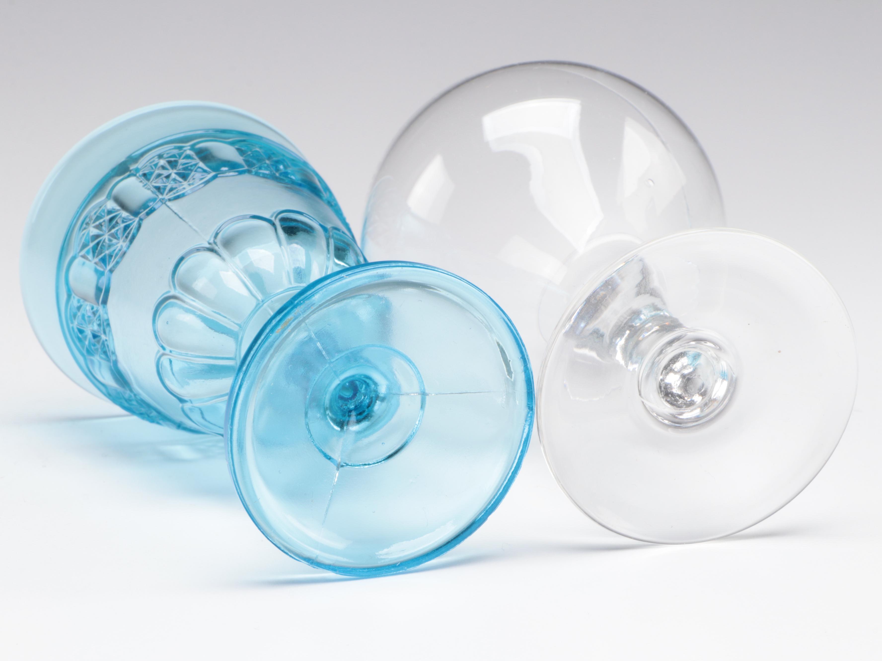 Pressed Glass Blue Goblets with Ritz-Carlton and Other Stemware