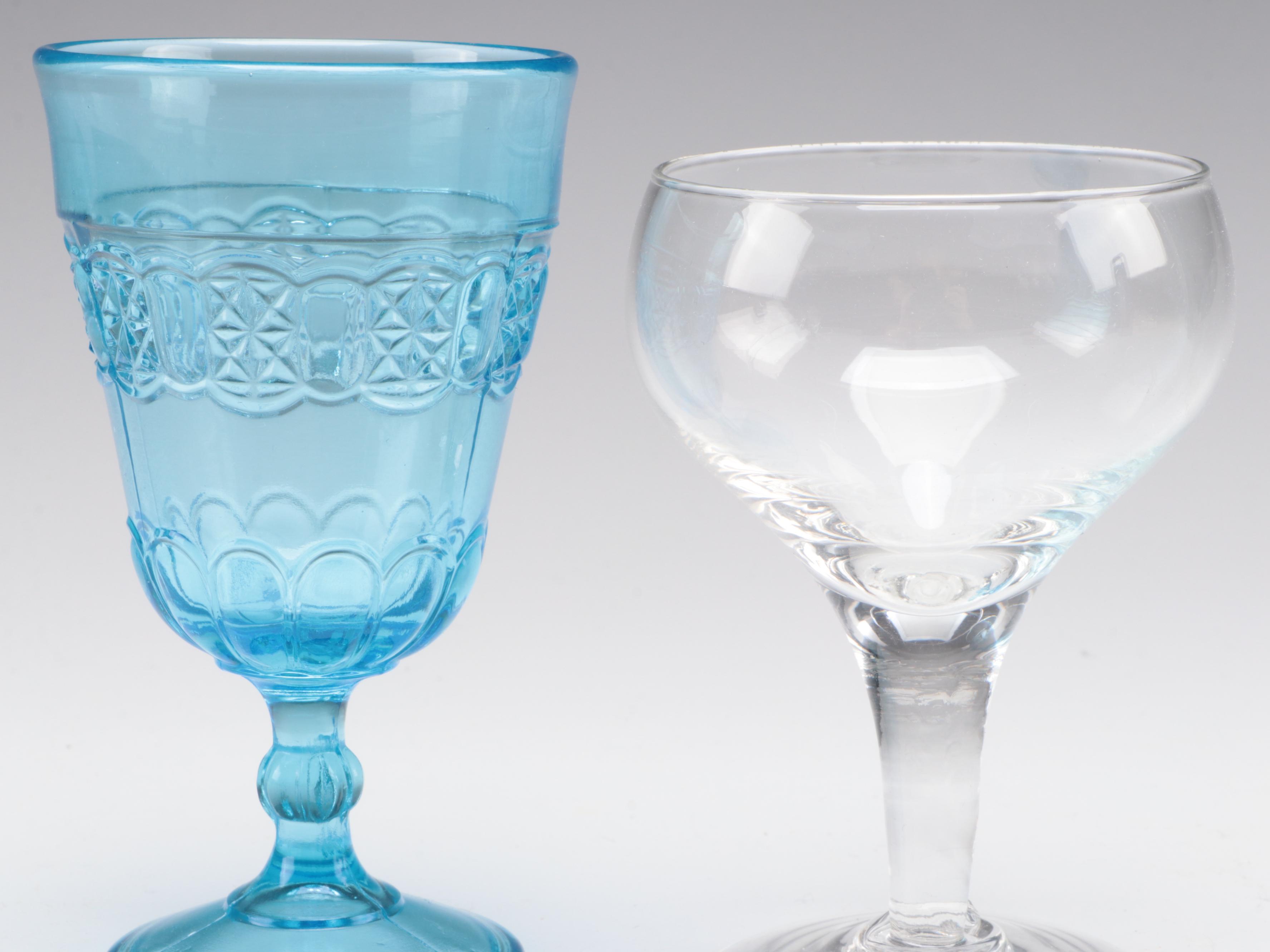 Pressed Glass Blue Goblets with Ritz-Carlton and Other Stemware