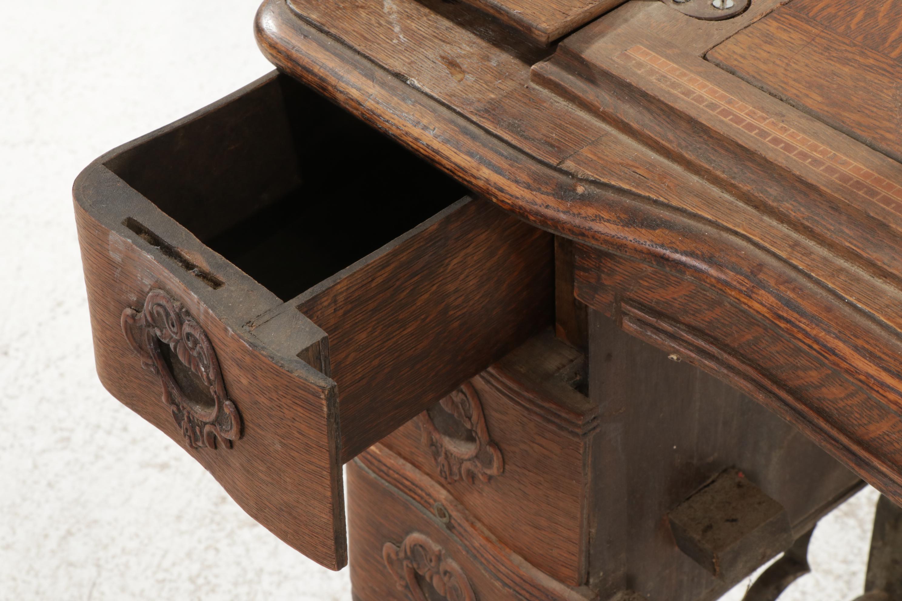 White Treadle Sewing Machine in Oak Cabinet, Late 19th to Early 20th Century