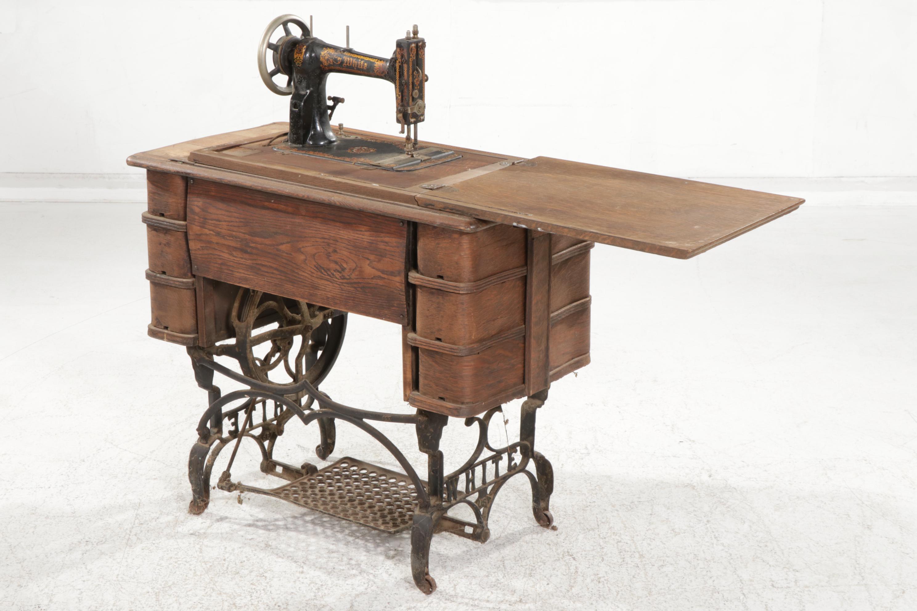 White Treadle Sewing Machine in Oak Cabinet, Late 19th to Early 20th Century