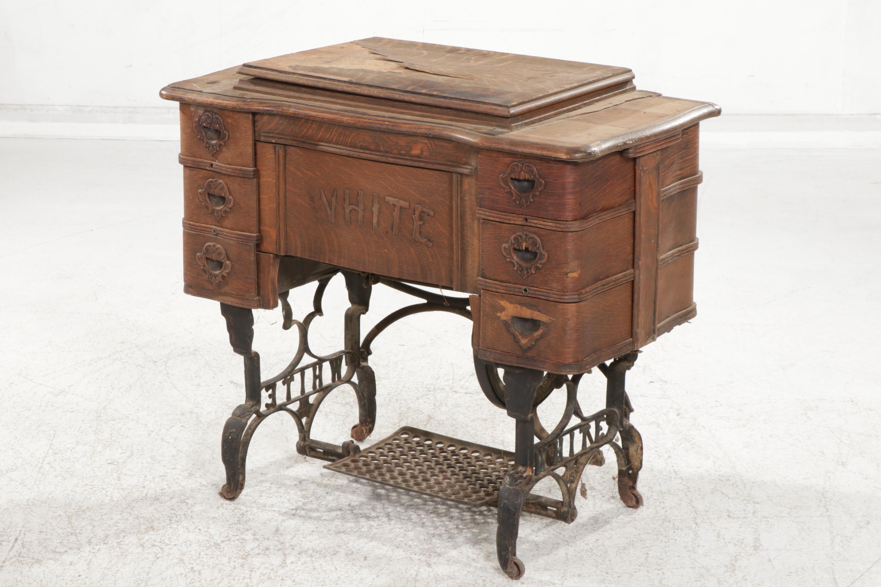 White Treadle Sewing Machine in Oak Cabinet, Late 19th to Early 20th Century