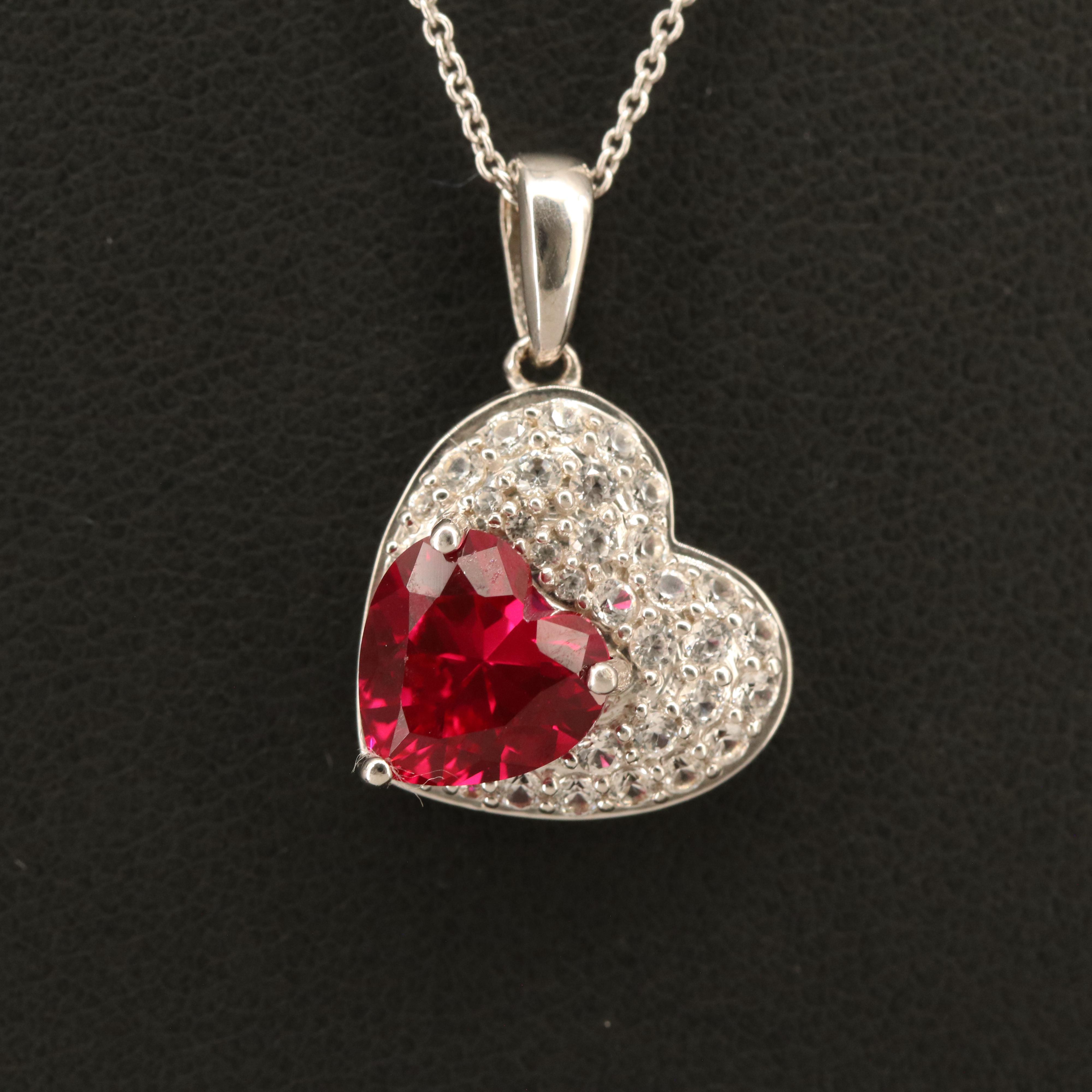 Sterling Ruby and Sapphire Heart Pendant Necklace