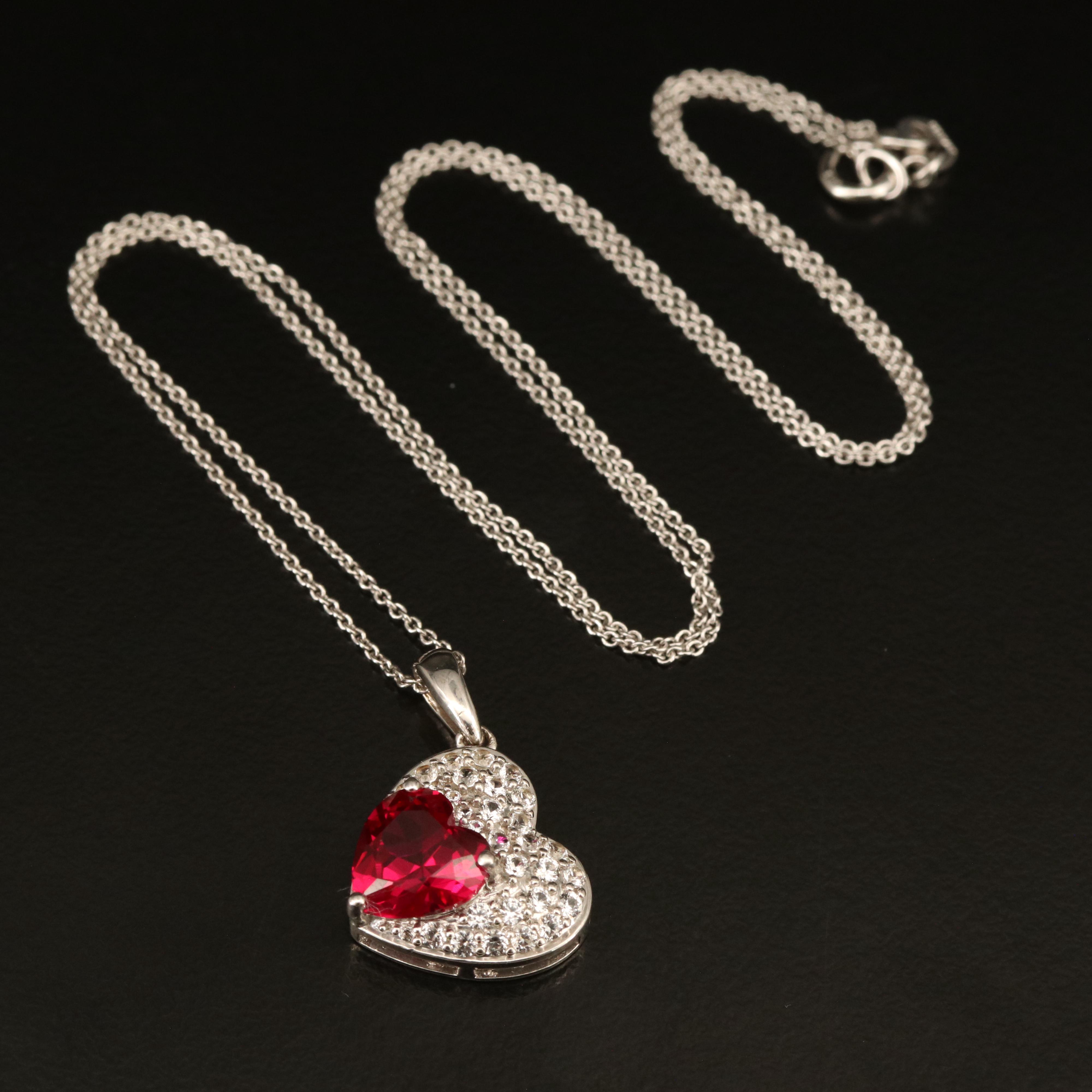 Sterling Ruby and Sapphire Heart Pendant Necklace