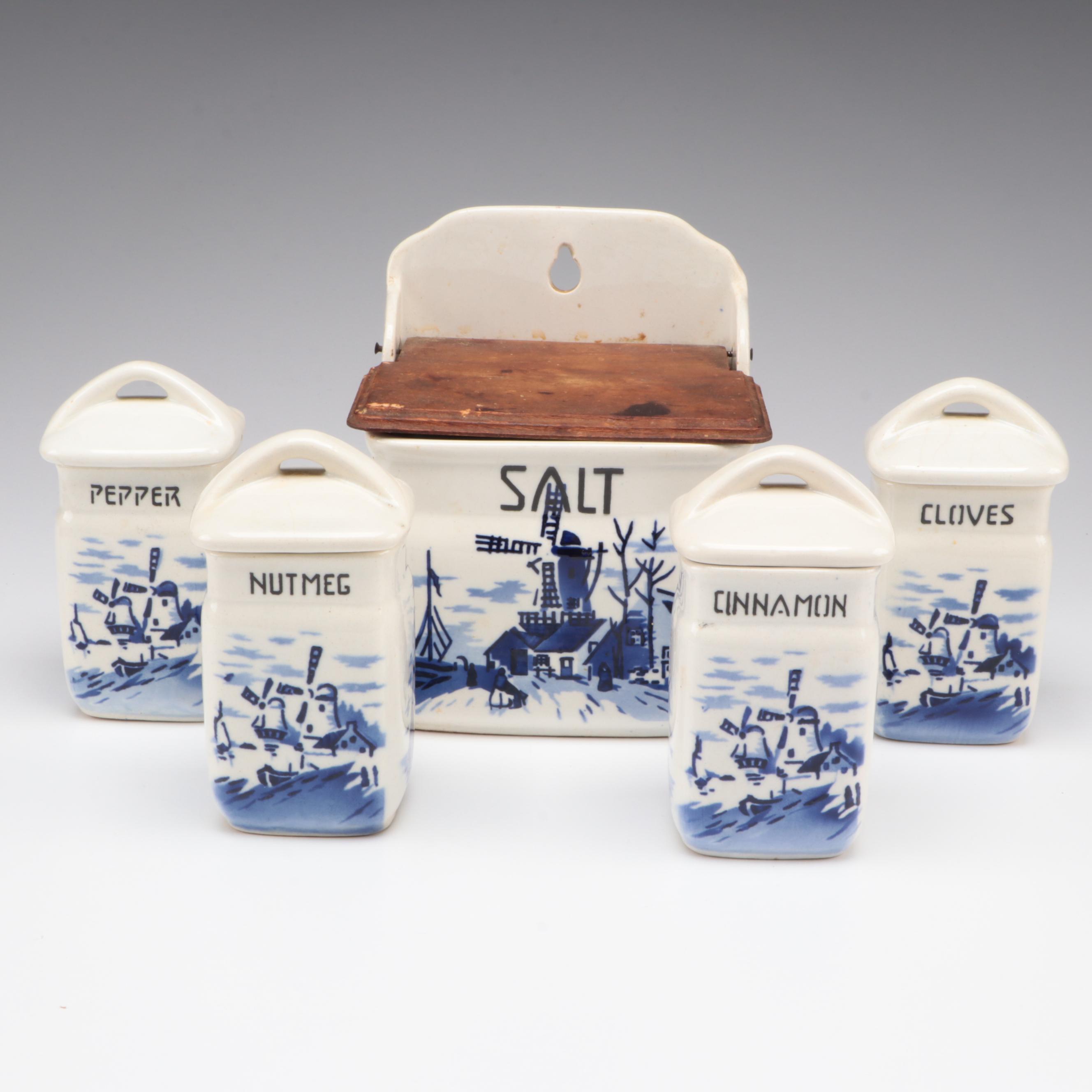 Czechoslovakian Delft Style Ceramic Salt Box and Spice Canisters