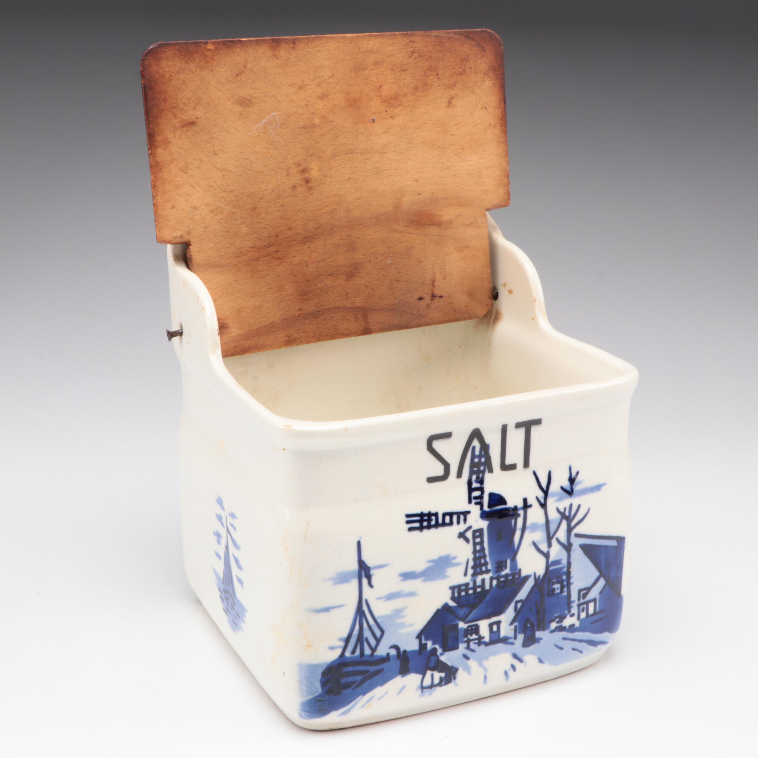 Czechoslovakian Delft Style Ceramic Salt Box and Spice Canisters