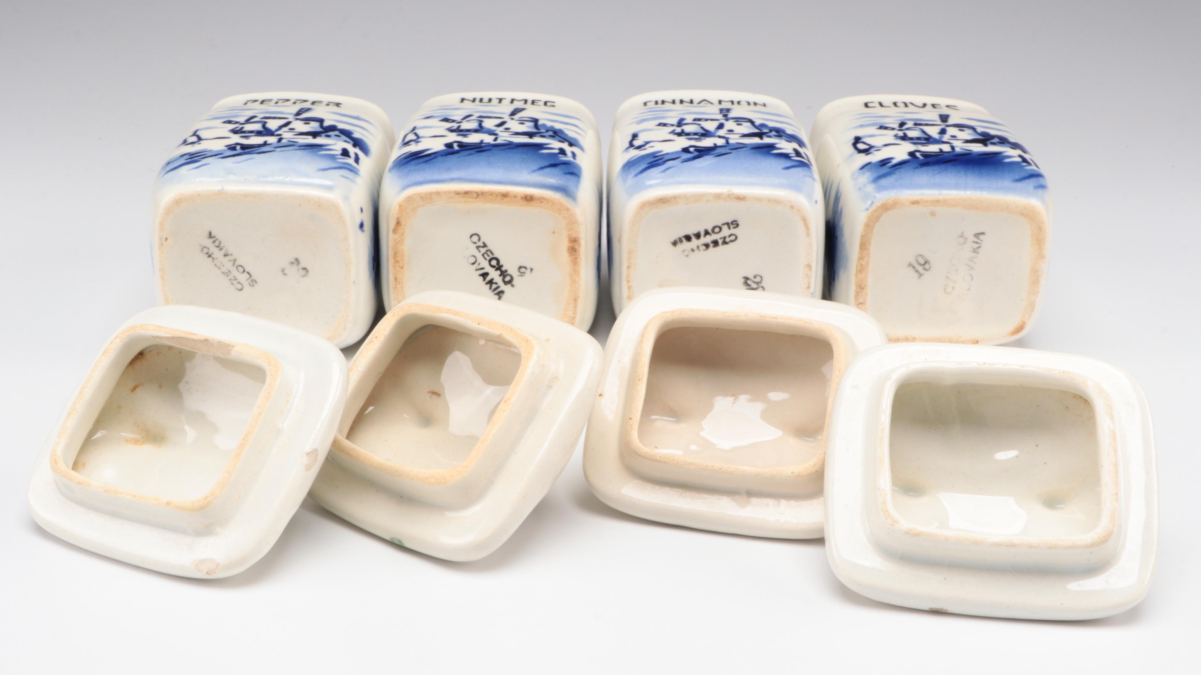Czechoslovakian Delft Style Ceramic Salt Box and Spice Canisters