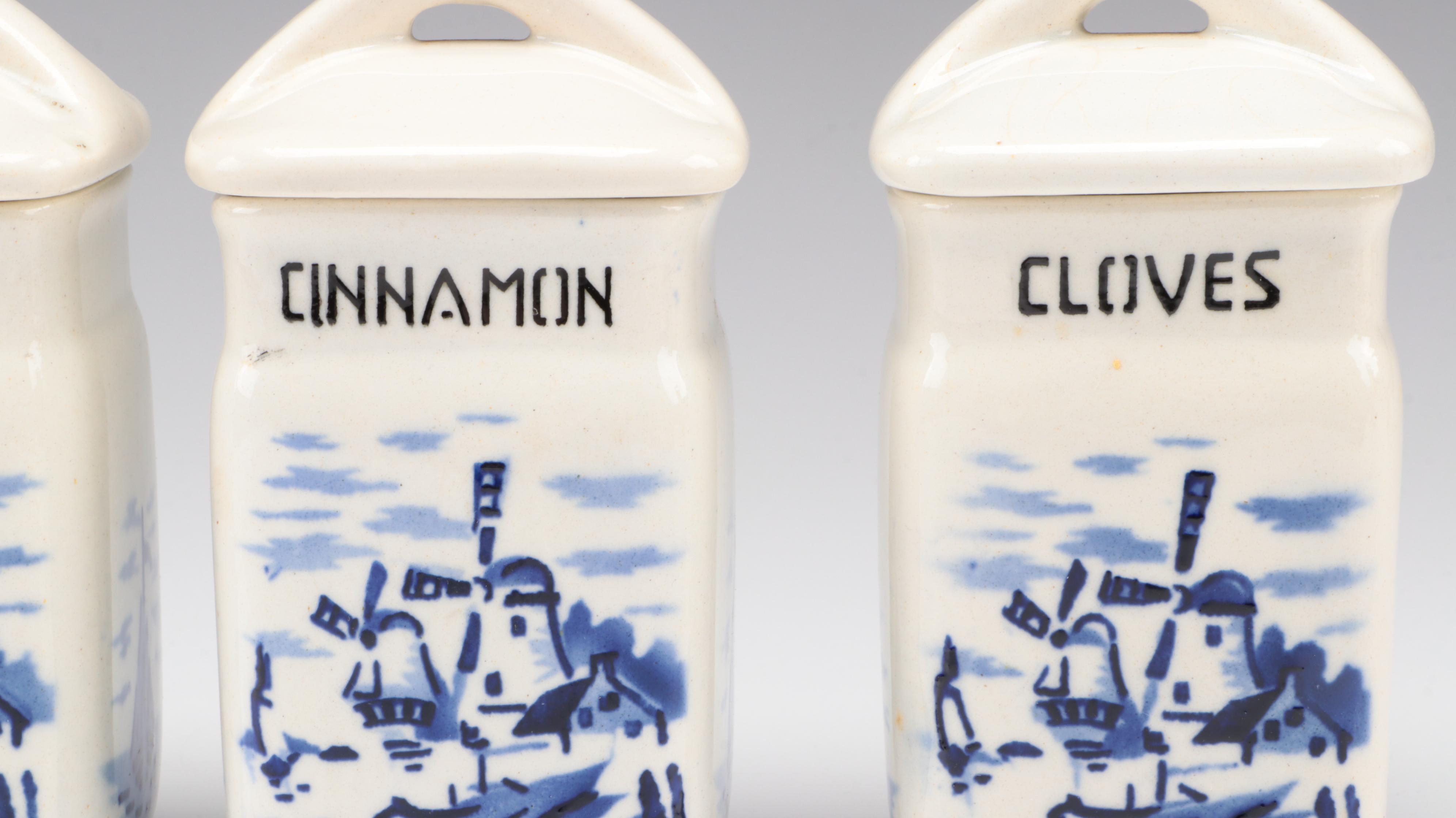 Czechoslovakian Delft Style Ceramic Salt Box and Spice Canisters