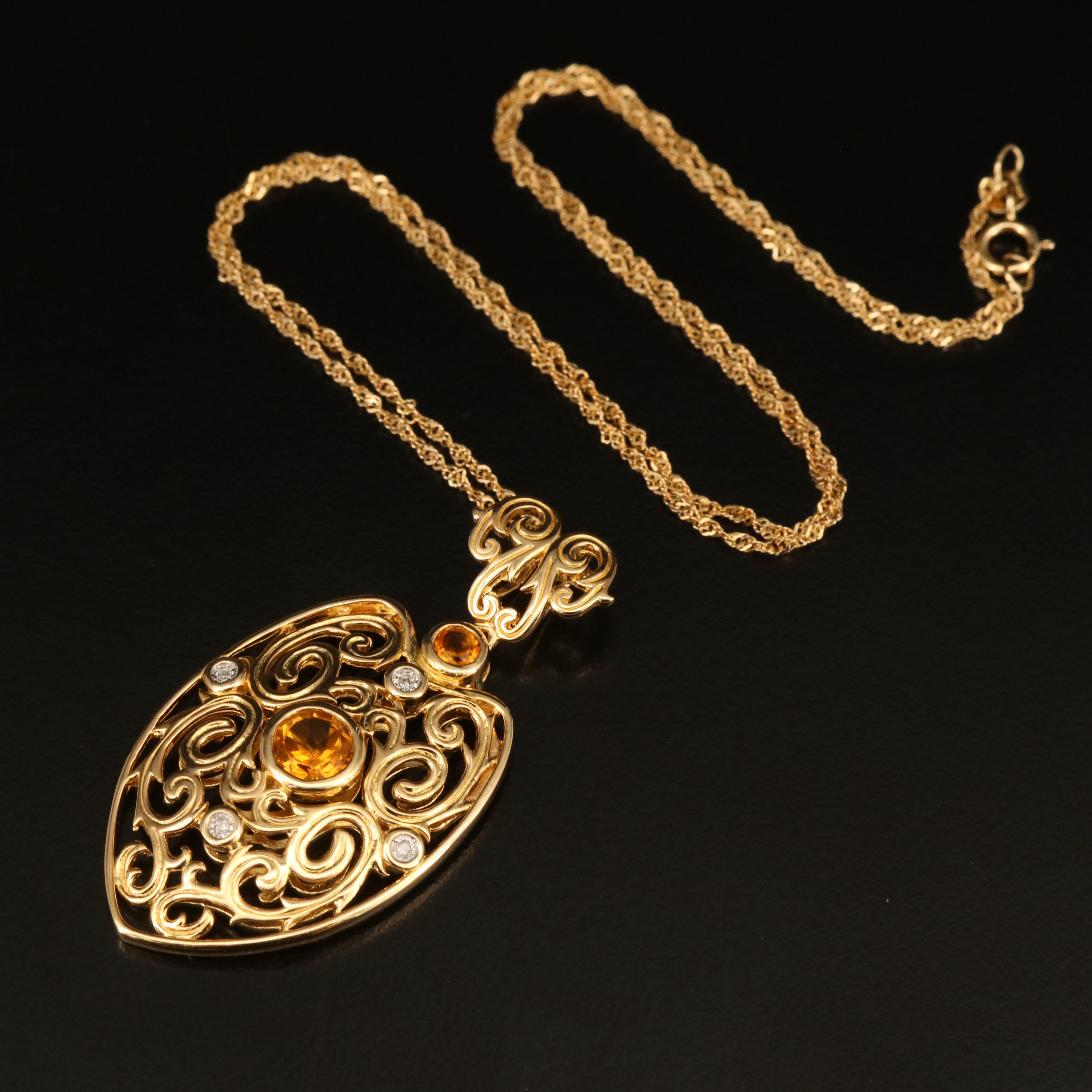 Sterling Citrine and Diamond Pendant Necklace