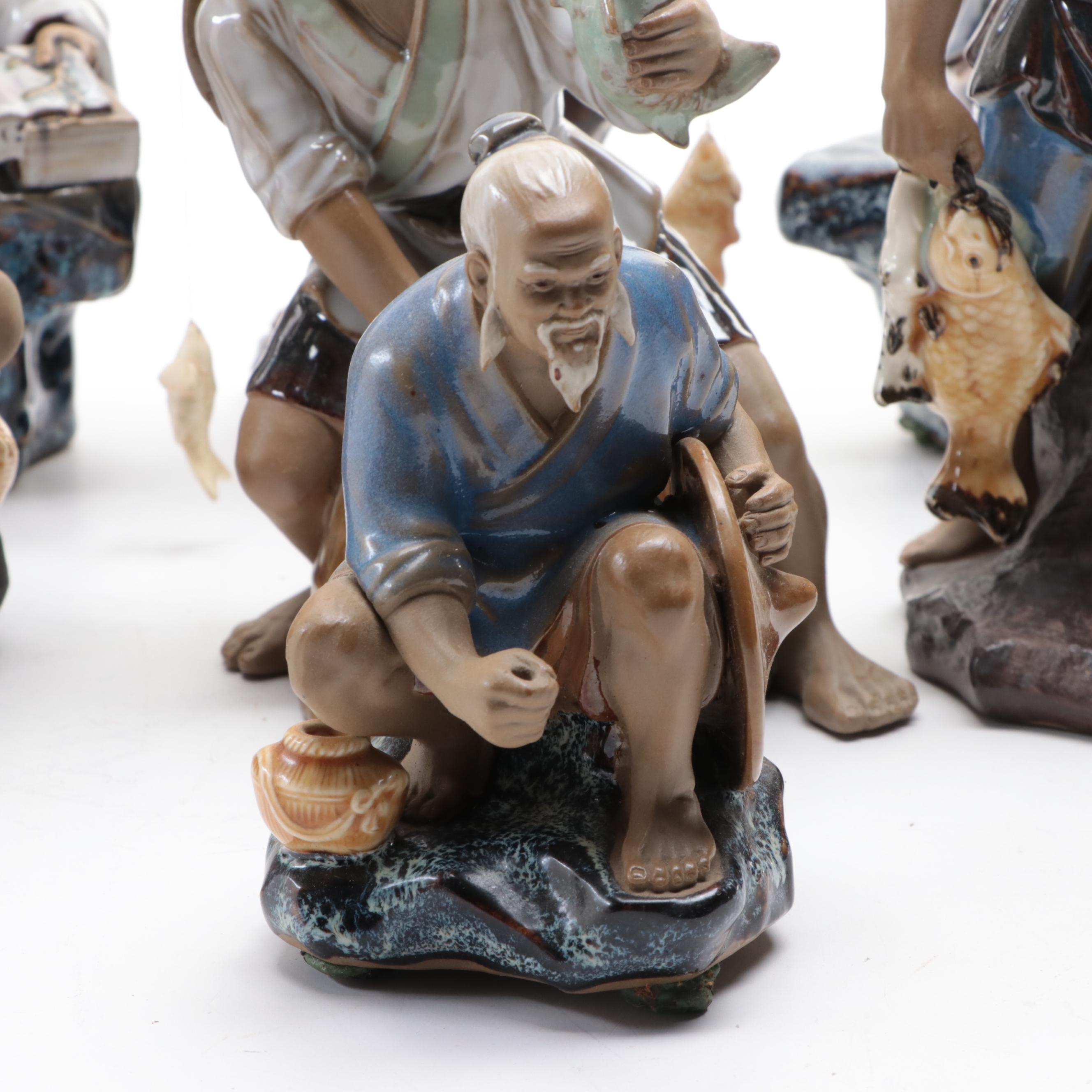 Chinese Shiwan Pottery Figurines of Fishermen and Scholar