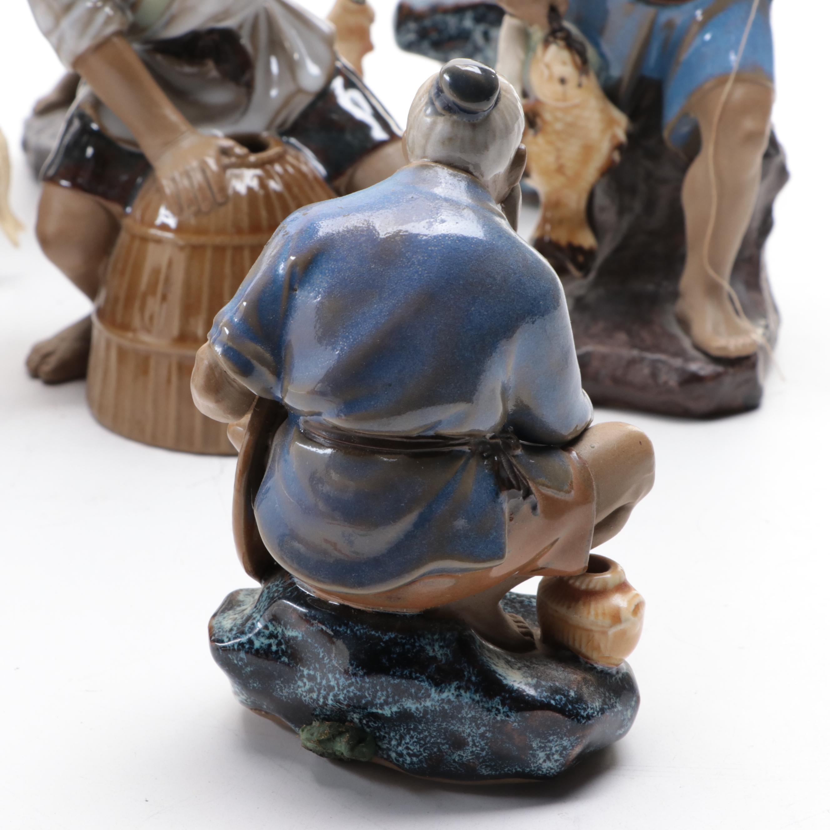 Chinese Shiwan Pottery Figurines of Fishermen and Scholar